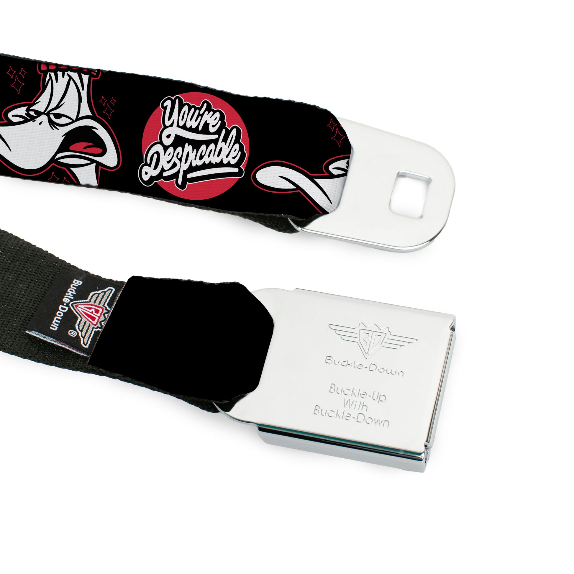 LOONEY TUNES Bullseye Title Logo Full Color White Seatbelt Belt - Looney Tunes Daffy Duck YOU'RE DESPICABLE Expression Black Webbing Seatbelt Belts Looney Tunes