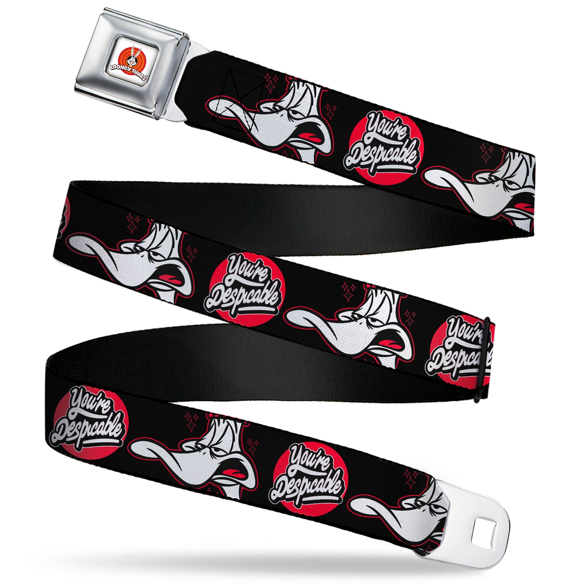 LOONEY TUNES Bullseye Title Logo Full Color White Seatbelt Belt - Looney Tunes Daffy Duck YOU'RE DESPICABLE Expression Black Webbing Seatbelt Belts Looney Tunes