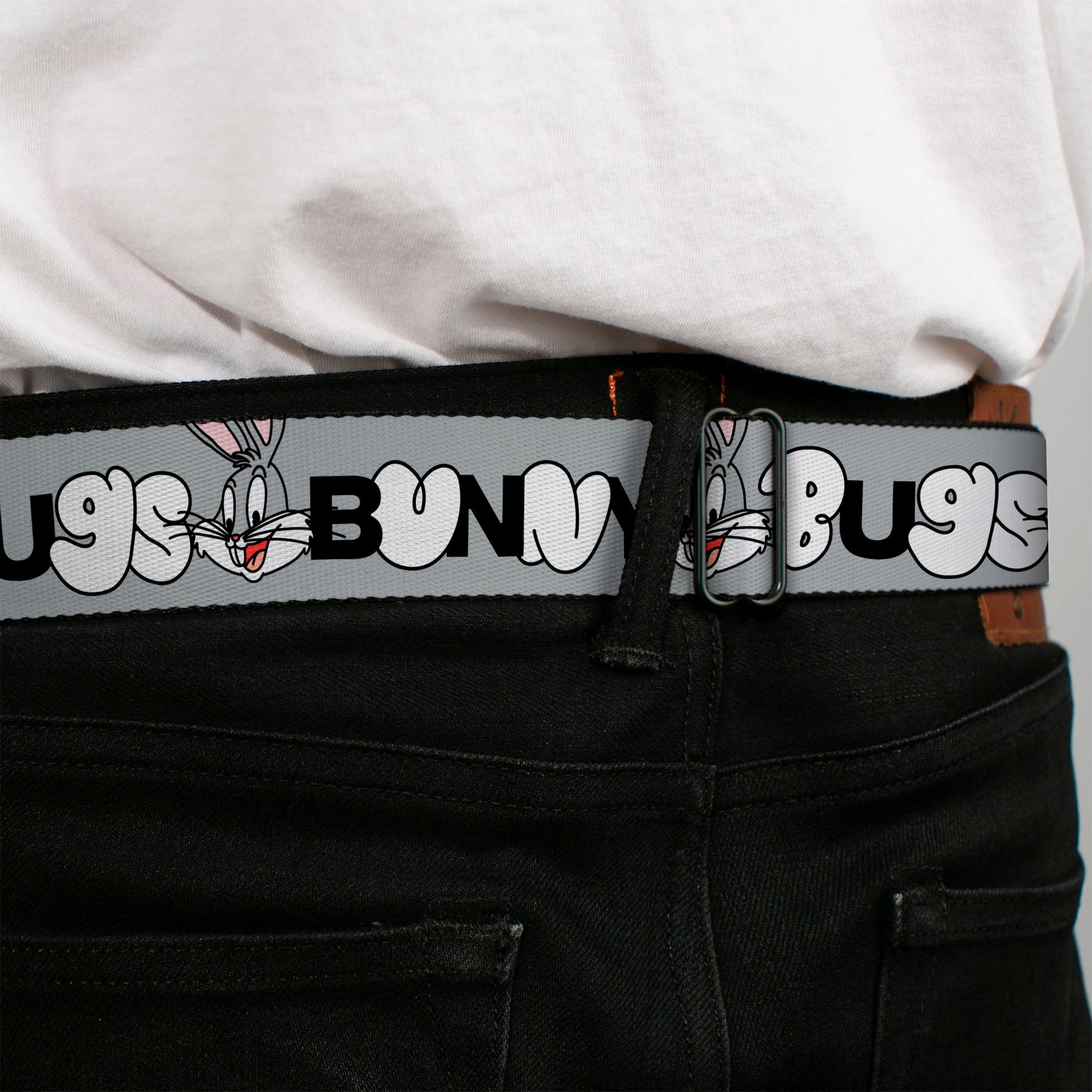 LOONEY TUNES Text Title Logo Full Color White Seatbelt Belt - BUGS BUNNY Smiling Face Text Gray Webbing Seatbelt Belts Looney Tunes