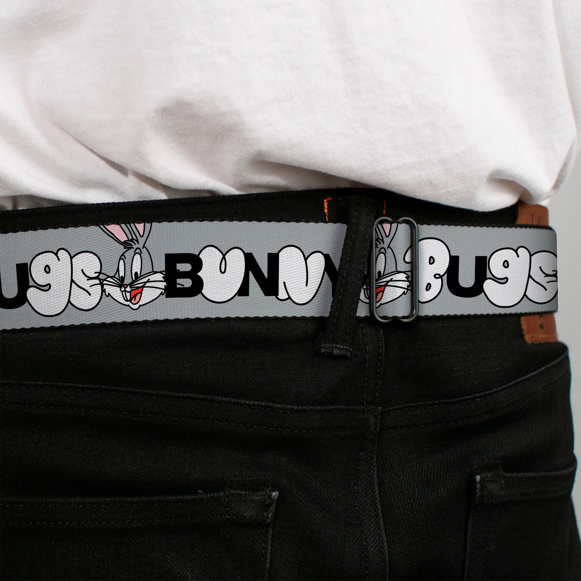 LOONEY TUNES Text Title Logo Full Color White Seatbelt Belt - BUGS BUNNY Smiling Face Text Gray Webbing Seatbelt Belts Looney Tunes