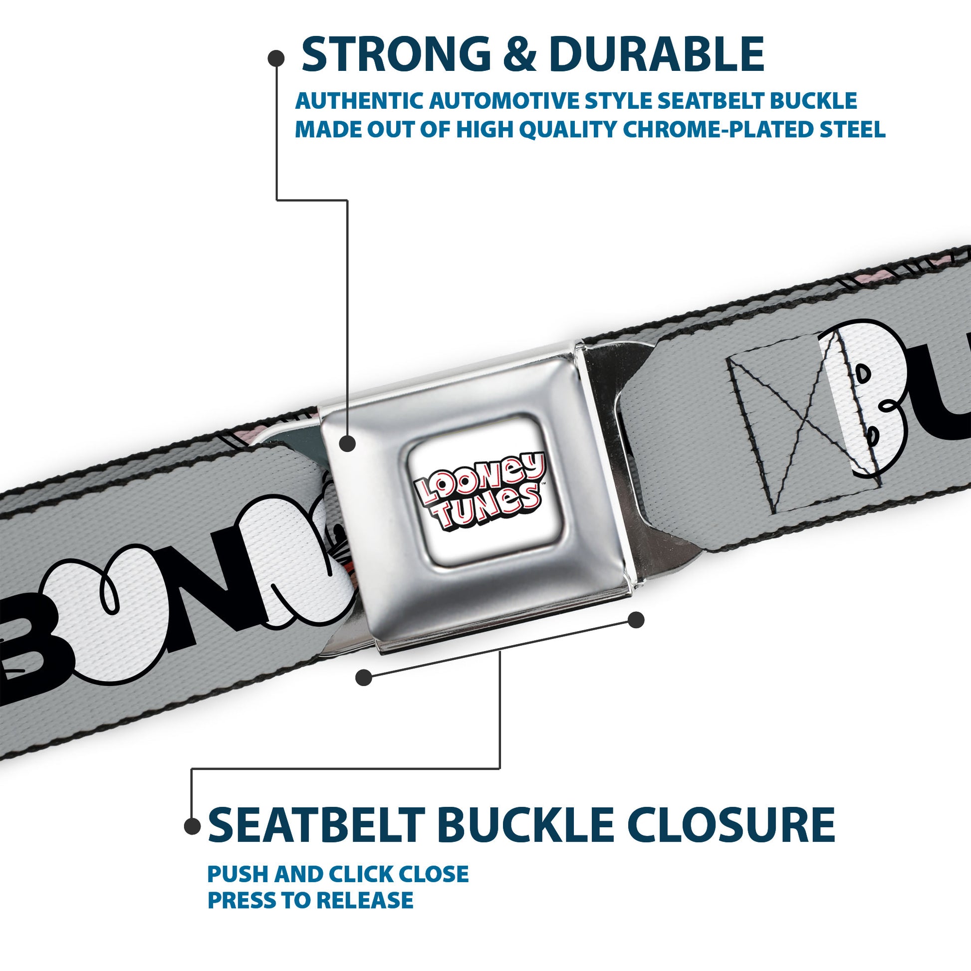 LOONEY TUNES Text Title Logo Full Color White Seatbelt Belt - BUGS BUNNY Smiling Face Text Gray Webbing Seatbelt Belts Looney Tunes