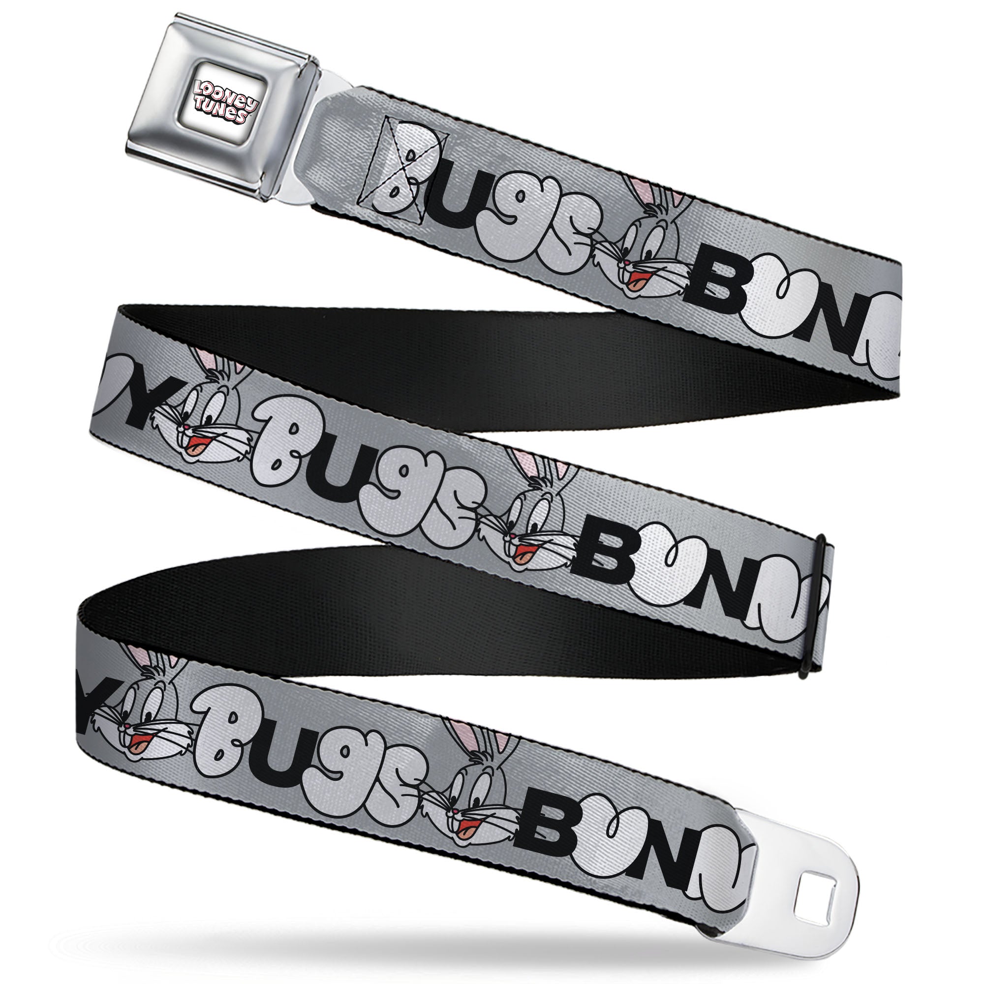 LOONEY TUNES Text Title Logo Full Color White Seatbelt Belt - BUGS BUNNY Smiling Face Text Gray Webbing Seatbelt Belts Looney Tunes