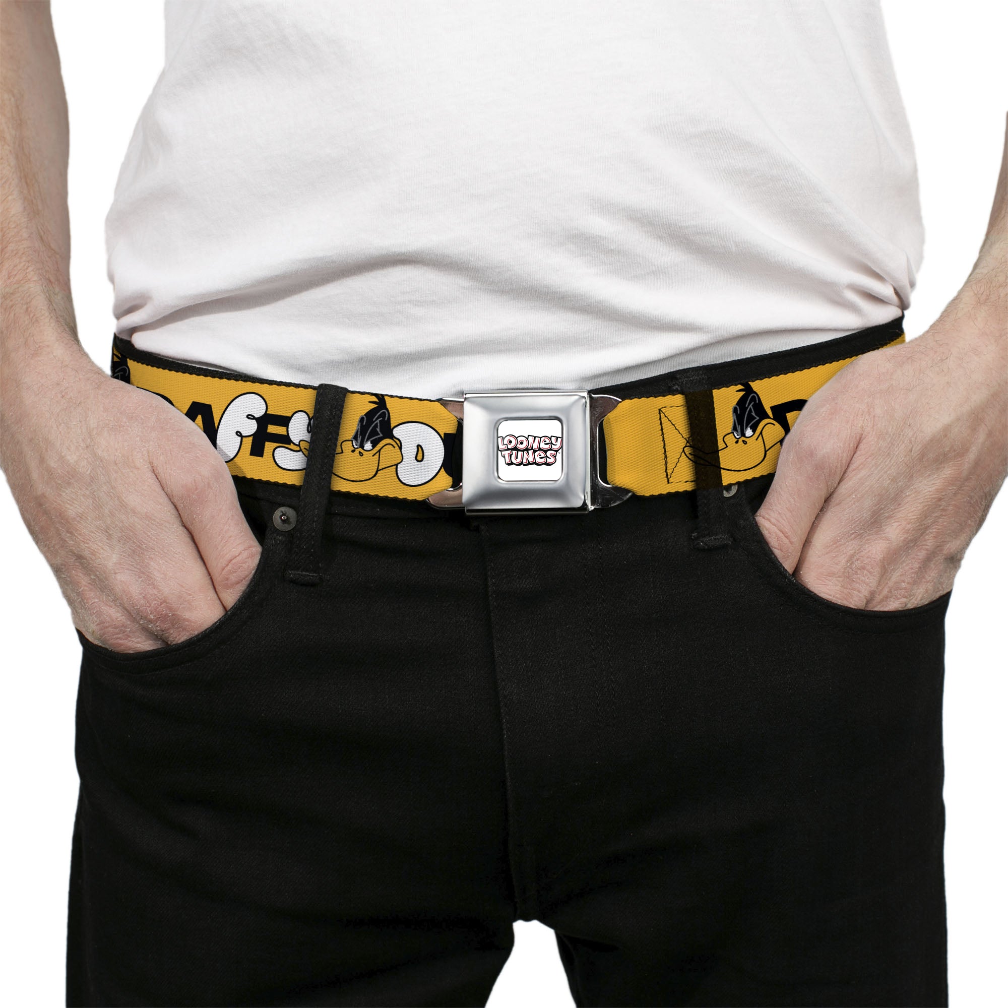 LOONEY TUNES Text Title Logo Full Color White Seatbelt Belt - DAFFY DUCK Smiling Face Text Orange Webbing Seatbelt Belts Looney Tunes