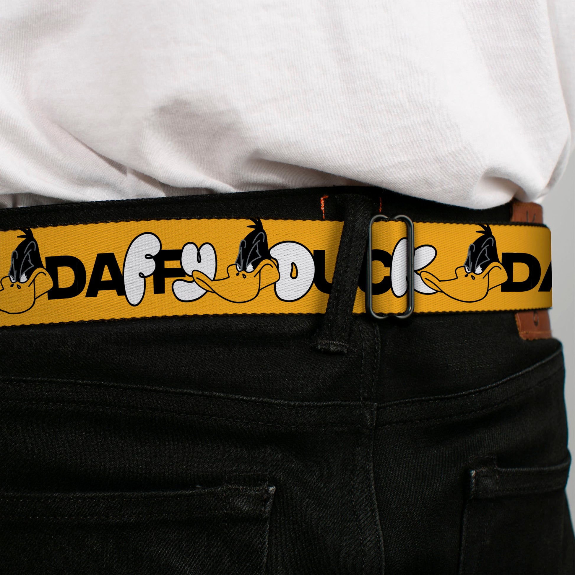 LOONEY TUNES Text Title Logo Full Color White Seatbelt Belt - DAFFY DUCK Smiling Face Text Orange Webbing Seatbelt Belts Looney Tunes