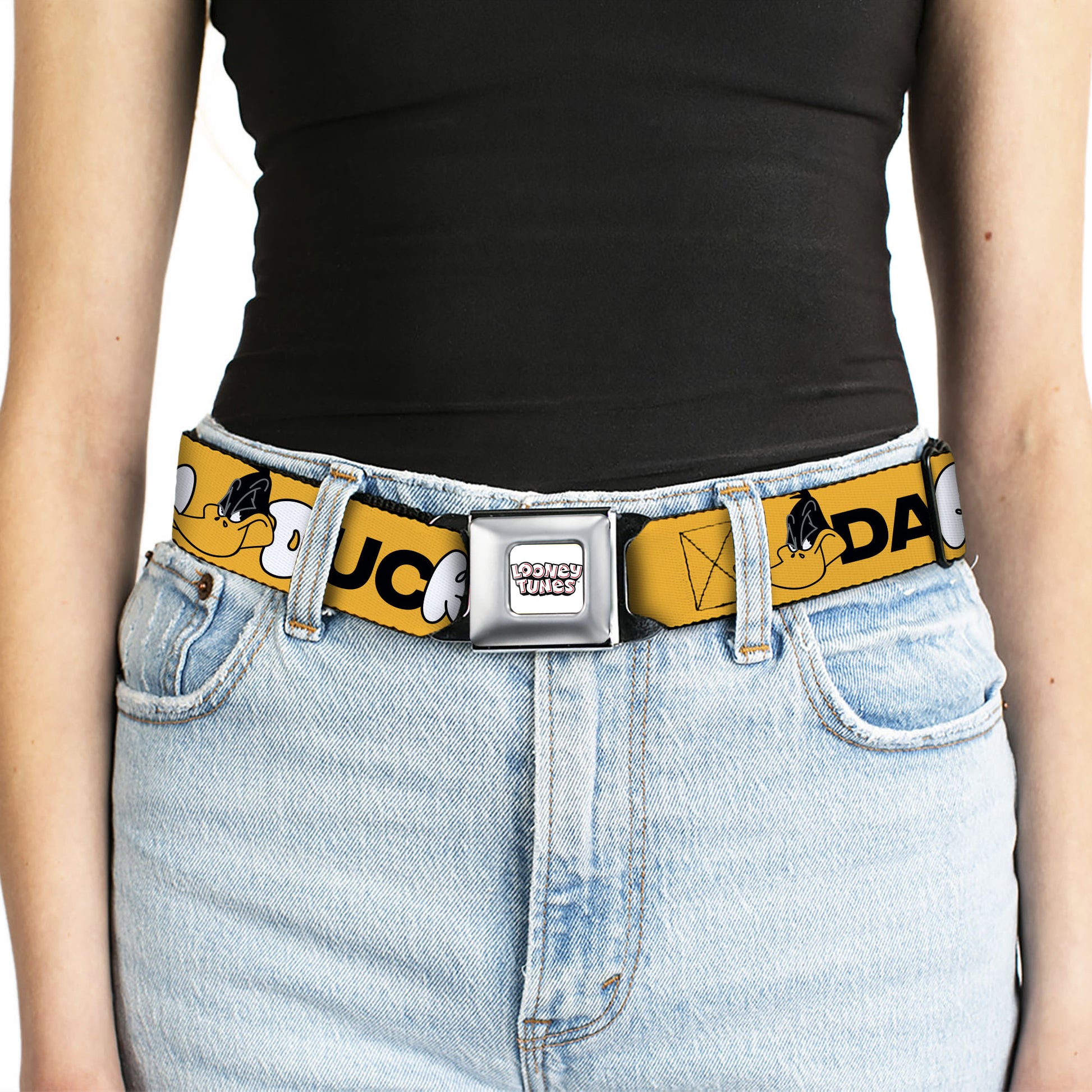 LOONEY TUNES Text Title Logo Full Color White Seatbelt Belt - DAFFY DUCK Smiling Face Text Orange Webbing Seatbelt Belts Looney Tunes