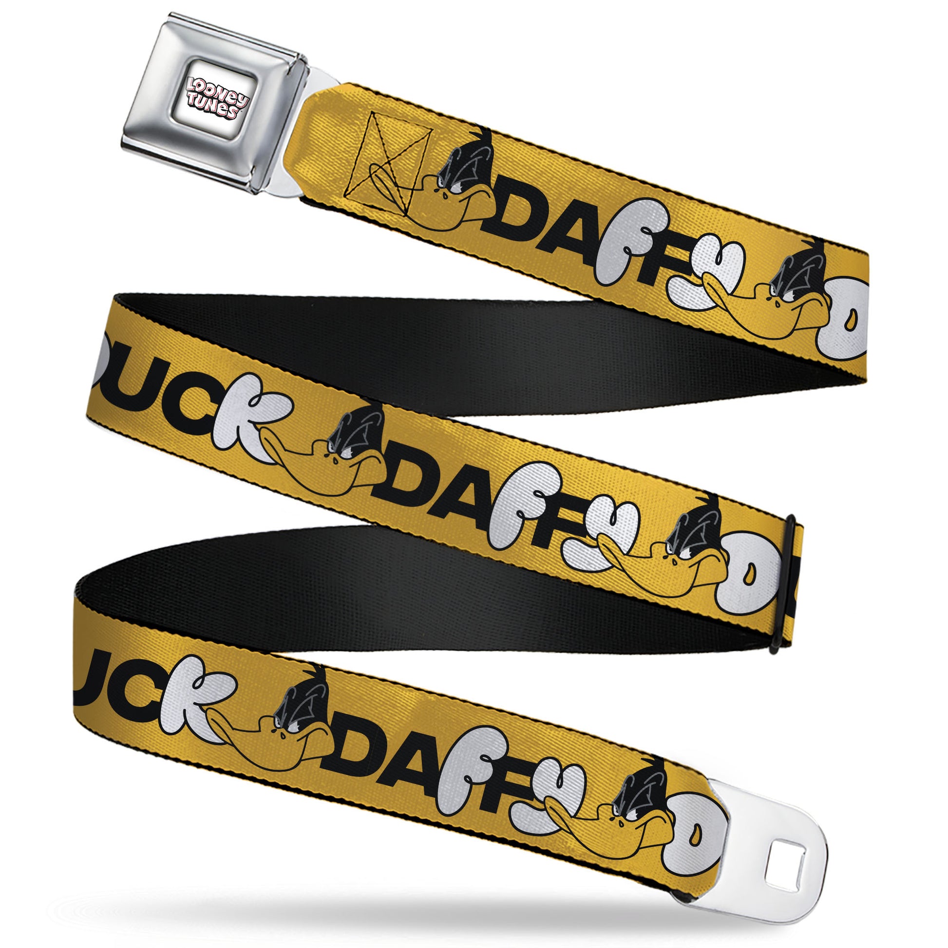 LOONEY TUNES Text Title Logo Full Color White Seatbelt Belt - DAFFY DUCK Smiling Face Text Orange Webbing Seatbelt Belts Looney Tunes