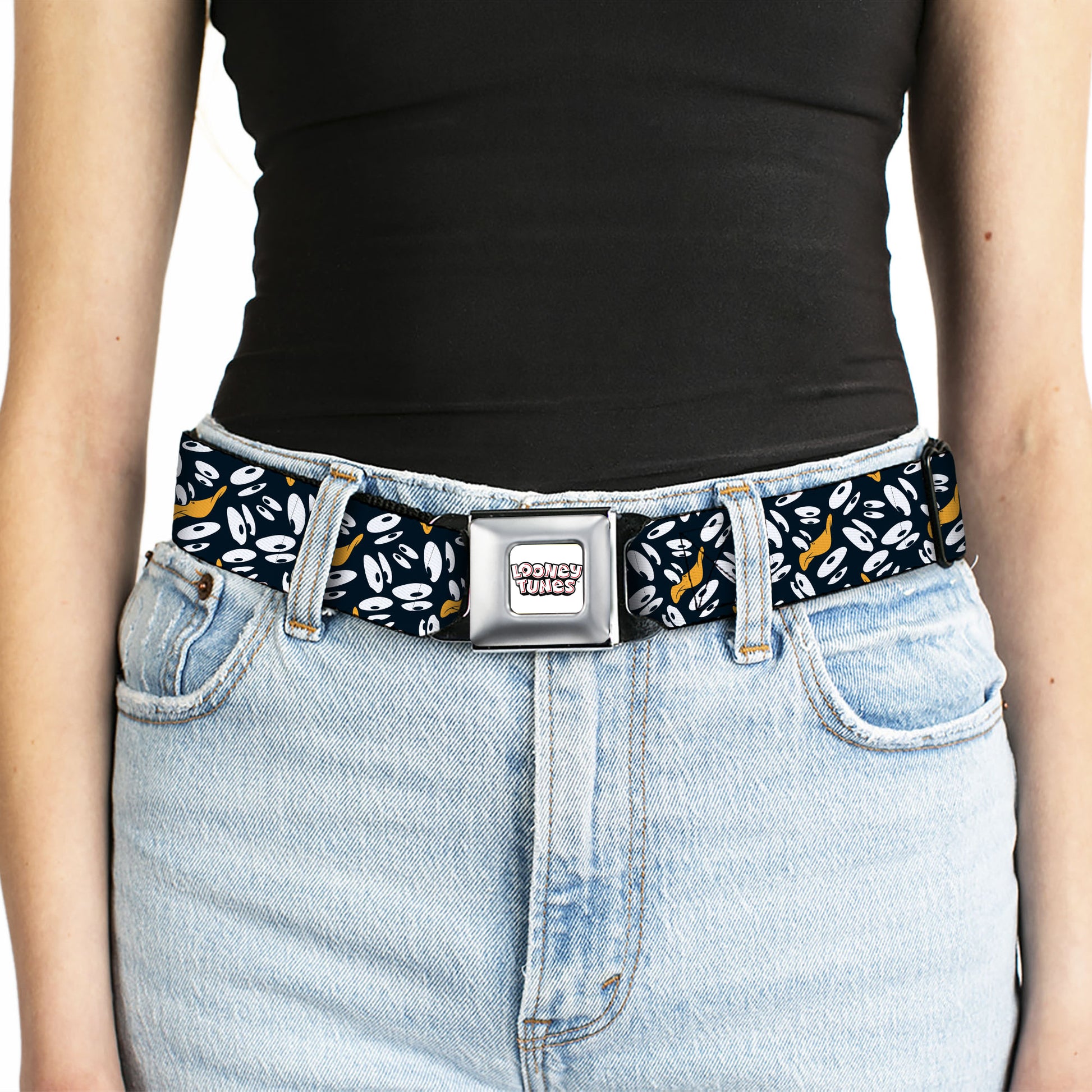 LOONEY TUNES Text Title Logo Full Color White Seatbelt Belt - Daffy Duck Expression and Eyes Scattered Black/White Webbing Seatbelt Belts Looney Tunes