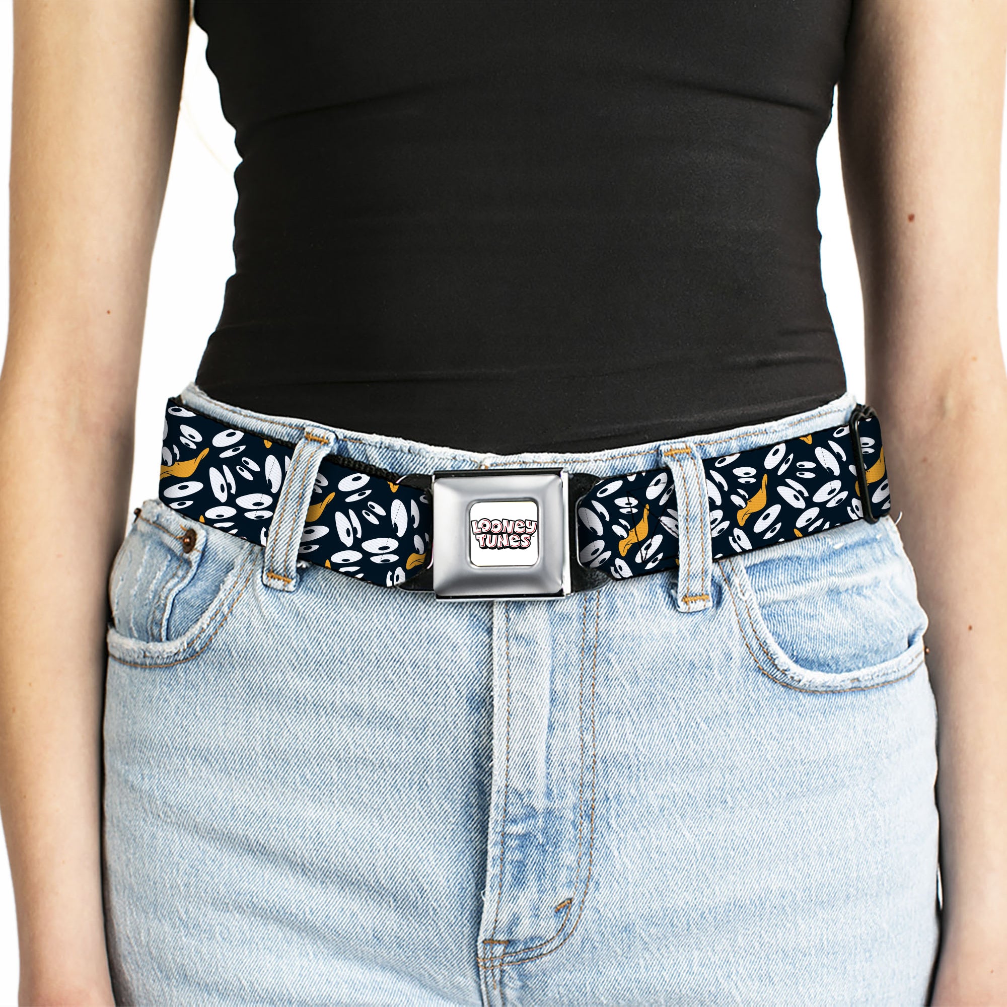 LOONEY TUNES Text Title Logo Full Color White Seatbelt Belt - Daffy Duck Expression and Eyes Scattered Black/White Webbing Seatbelt Belts Looney Tunes