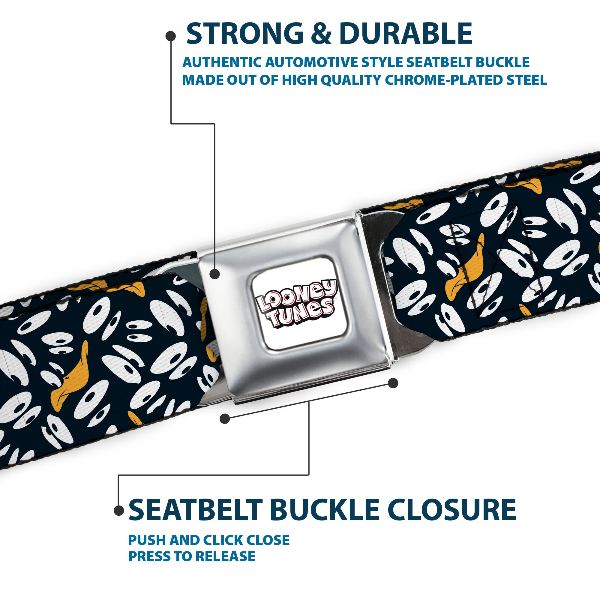 LOONEY TUNES Text Title Logo Full Color White Seatbelt Belt - Daffy Duck Expression and Eyes Scattered Black/White Webbing Seatbelt Belts Looney Tunes