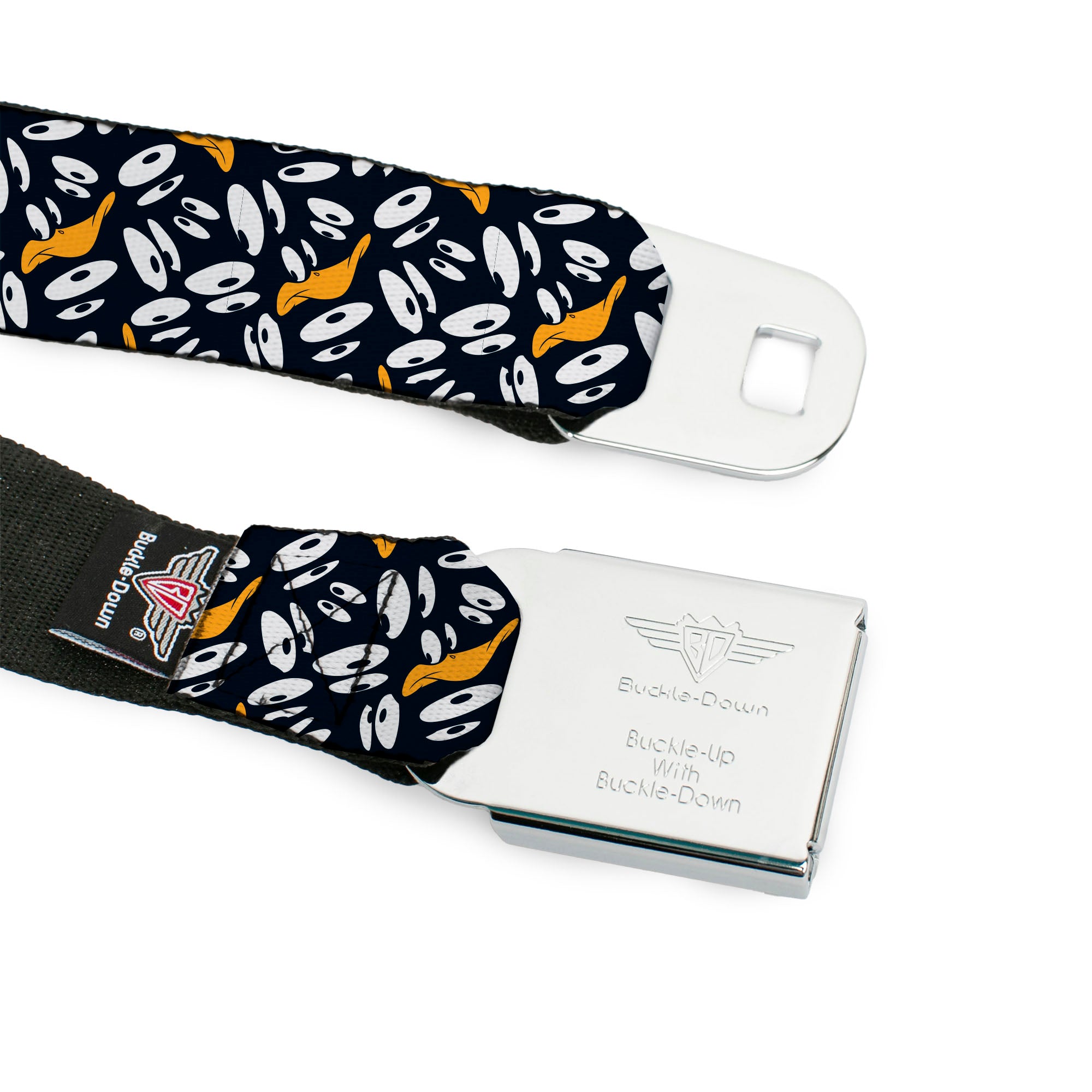 LOONEY TUNES Text Title Logo Full Color White Seatbelt Belt - Daffy Duck Expression and Eyes Scattered Black/White Webbing Seatbelt Belts Looney Tunes