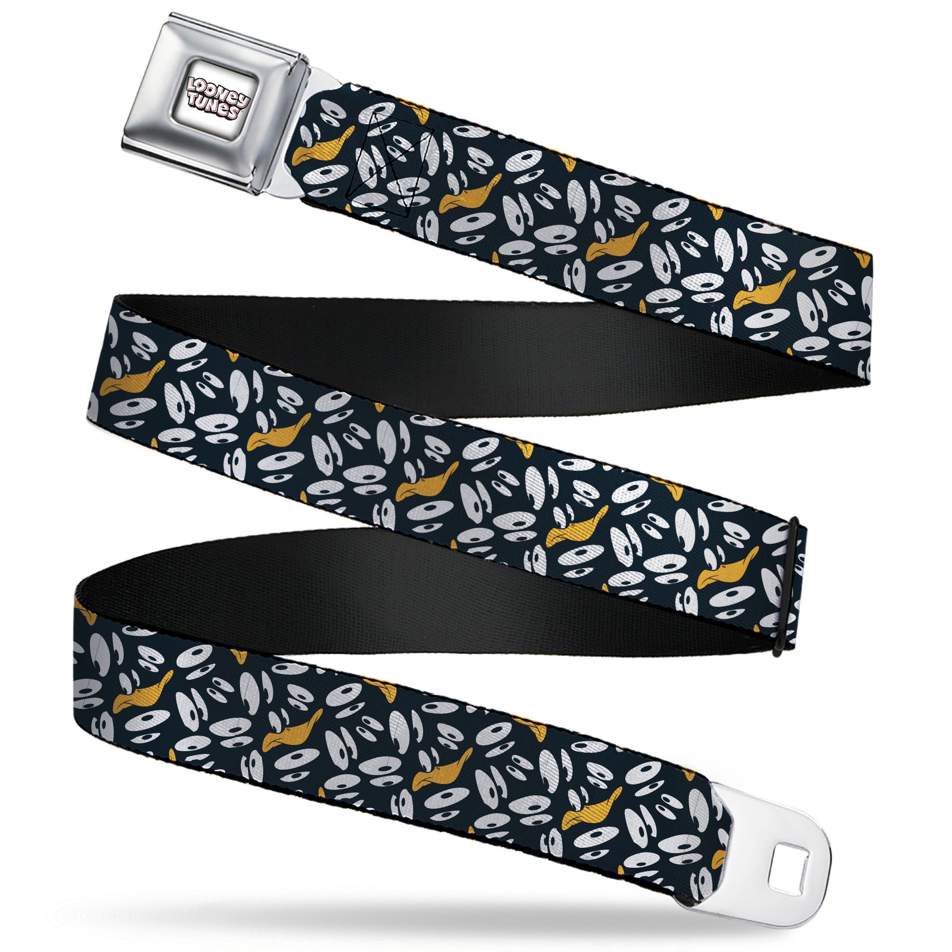 LOONEY TUNES Text Title Logo Full Color White Seatbelt Belt - Daffy Duck Expression and Eyes Scattered Black/White Webbing Seatbelt Belts Looney Tunes
