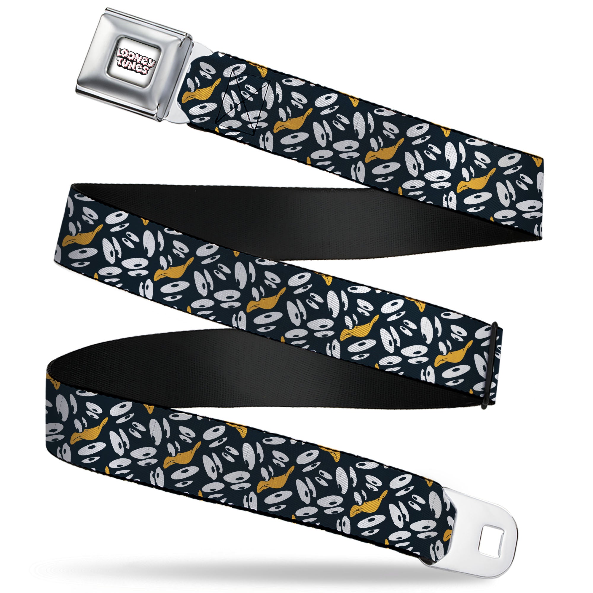 LOONEY TUNES Text Title Logo Full Color White Seatbelt Belt - Daffy Duck Expression and Eyes Scattered Black/White Webbing Seatbelt Belts Looney Tunes