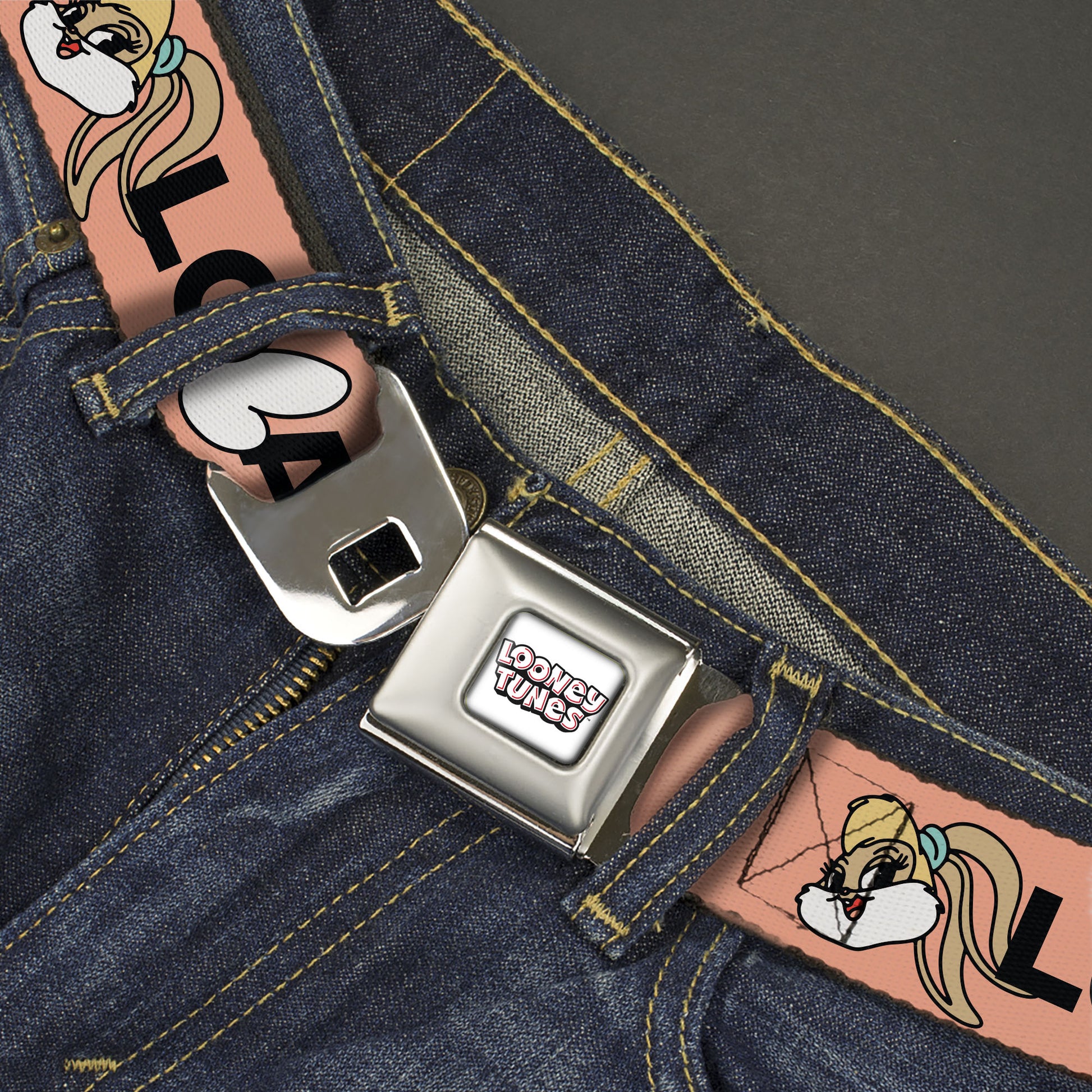 LOONEY TUNES Text Title Logo Full Color White Seatbelt Belt - LOLA BUNNY Smiling Face Text Peach Webbing Seatbelt Belts Looney Tunes