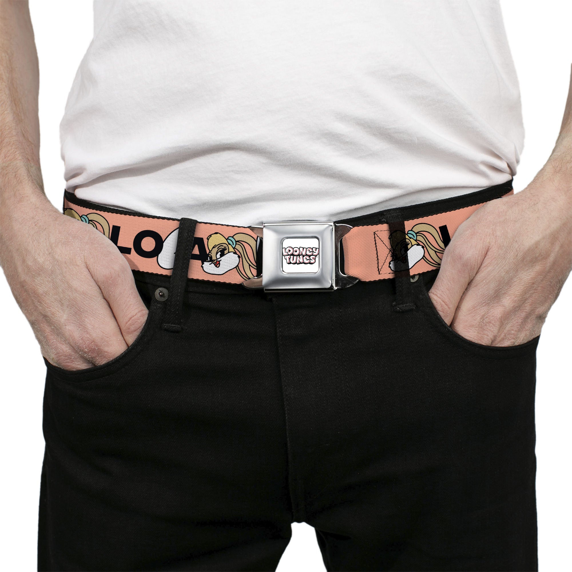 LOONEY TUNES Text Title Logo Full Color White Seatbelt Belt - LOLA BUNNY Smiling Face Text Peach Webbing Seatbelt Belts Looney Tunes