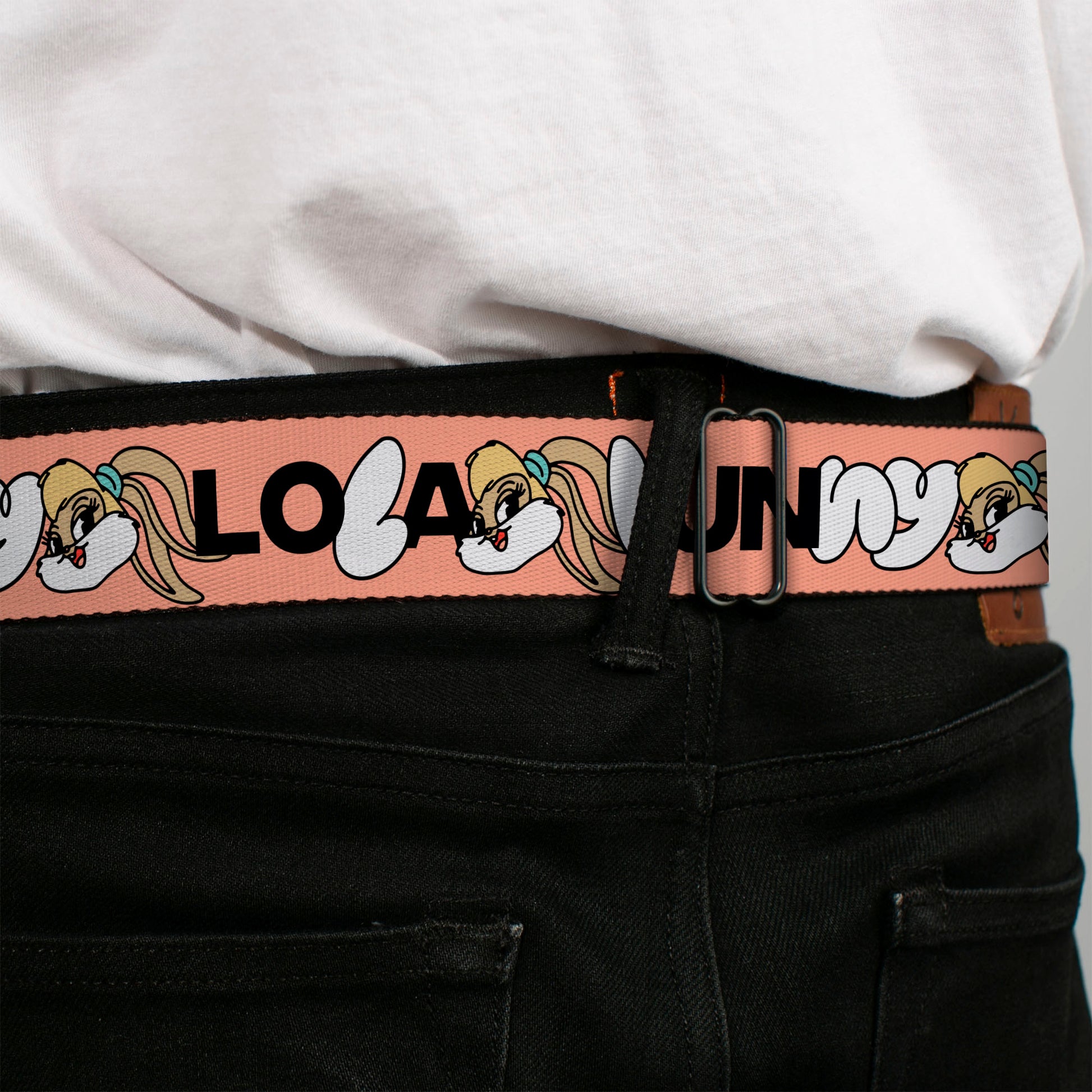 LOONEY TUNES Text Title Logo Full Color White Seatbelt Belt - LOLA BUNNY Smiling Face Text Peach Webbing Seatbelt Belts Looney Tunes