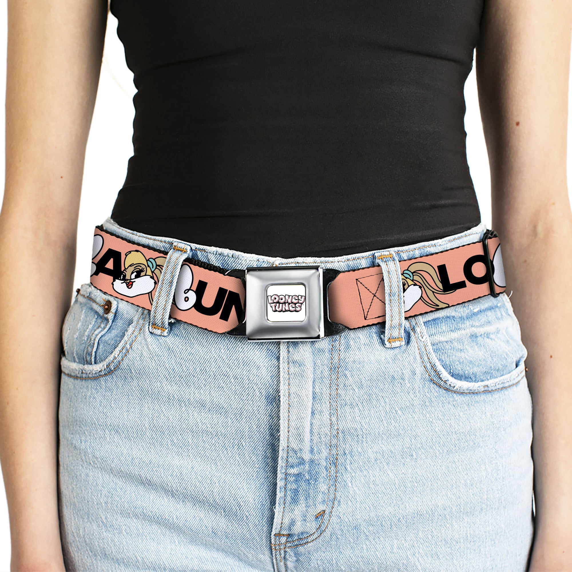 LOONEY TUNES Text Title Logo Full Color White Seatbelt Belt - LOLA BUNNY Smiling Face Text Peach Webbing Seatbelt Belts Looney Tunes