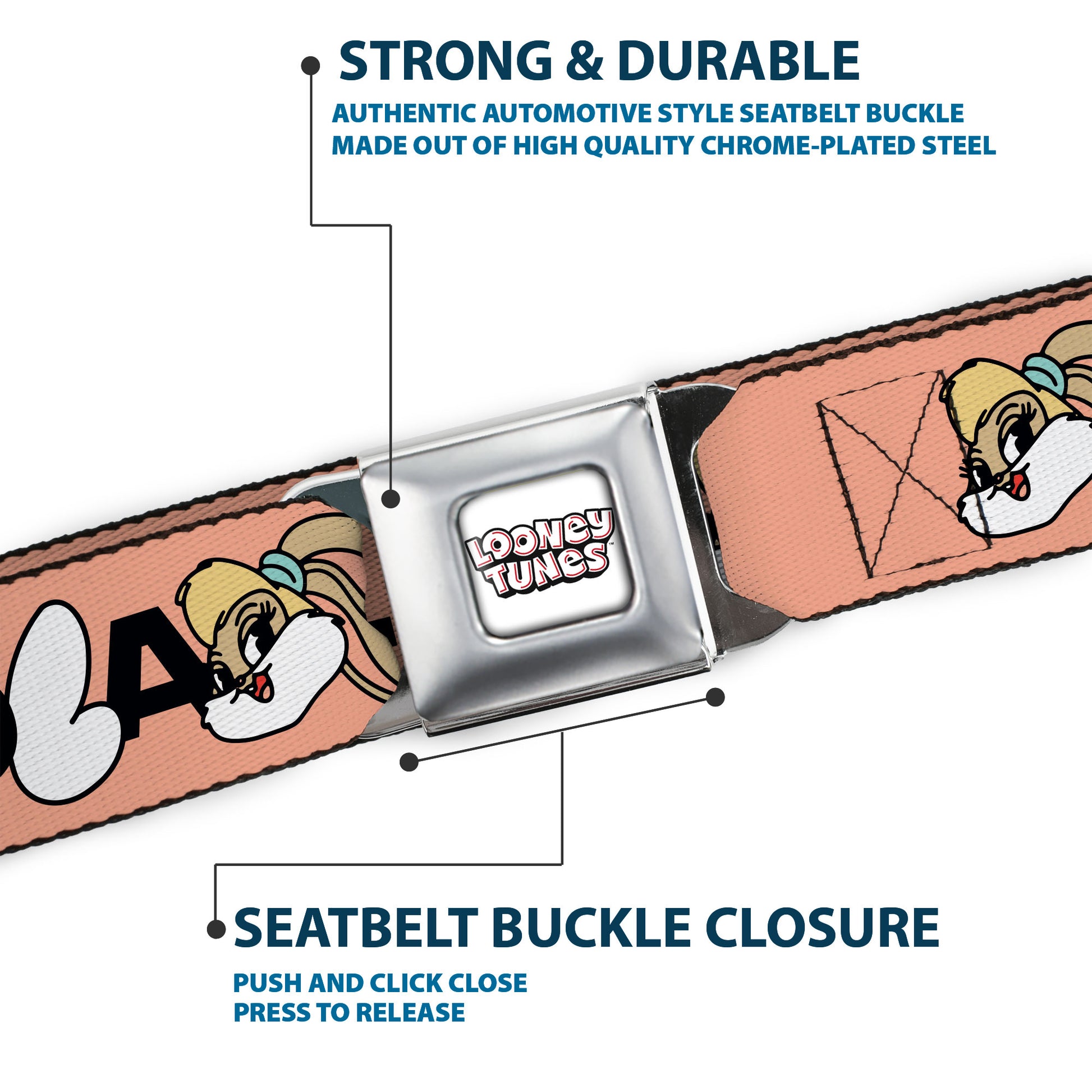 LOONEY TUNES Text Title Logo Full Color White Seatbelt Belt - LOLA BUNNY Smiling Face Text Peach Webbing Seatbelt Belts Looney Tunes