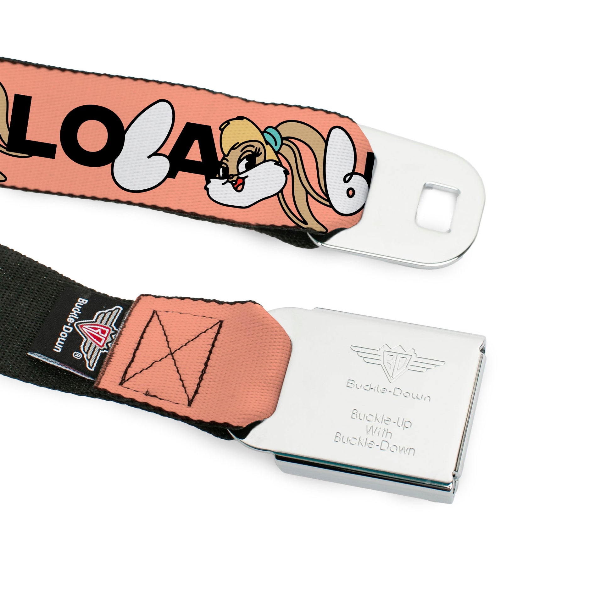 LOONEY TUNES Text Title Logo Full Color White Seatbelt Belt - LOLA BUNNY Smiling Face Text Peach Webbing Seatbelt Belts Looney Tunes