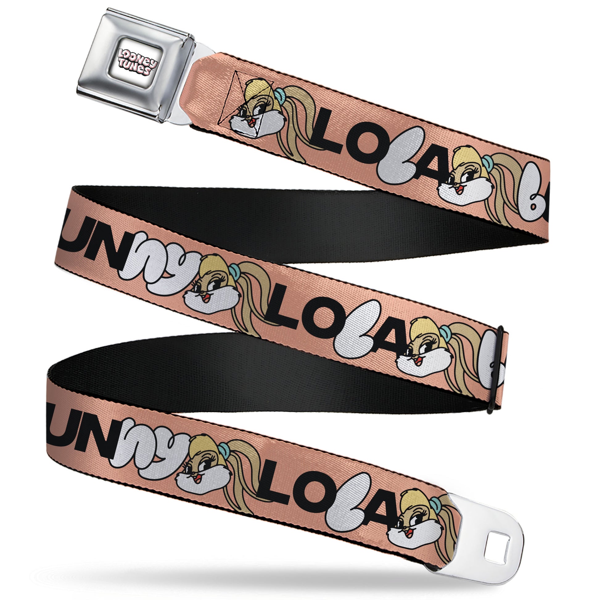 LOONEY TUNES Text Title Logo Full Color White Seatbelt Belt - LOLA BUNNY Smiling Face Text Peach Webbing Seatbelt Belts Looney Tunes