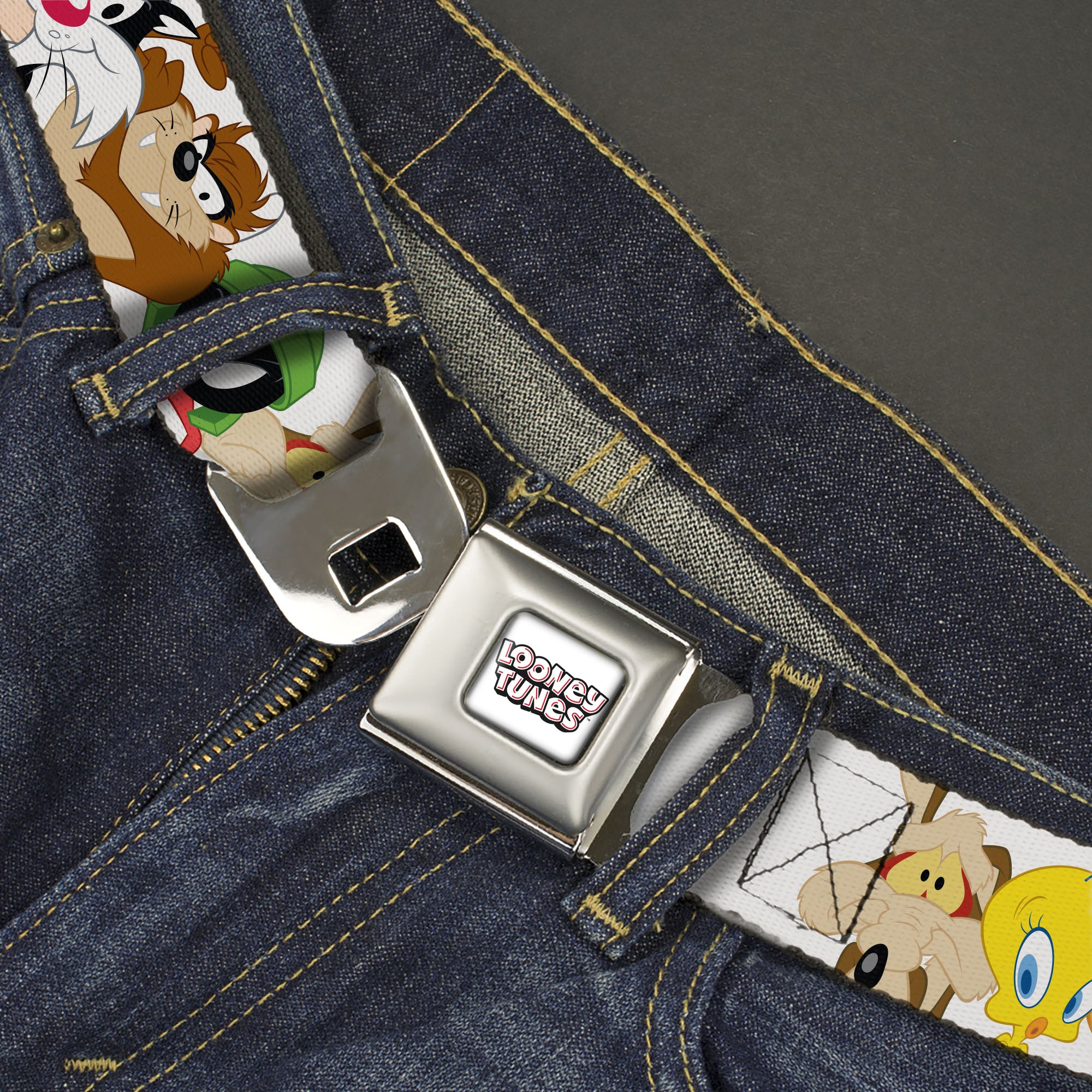 LOONEY TUNES Text Title Logo Full Color White Seatbelt Belt - Looney Tunes Nine Character Faces White Webbing Seatbelt Belts Looney Tunes