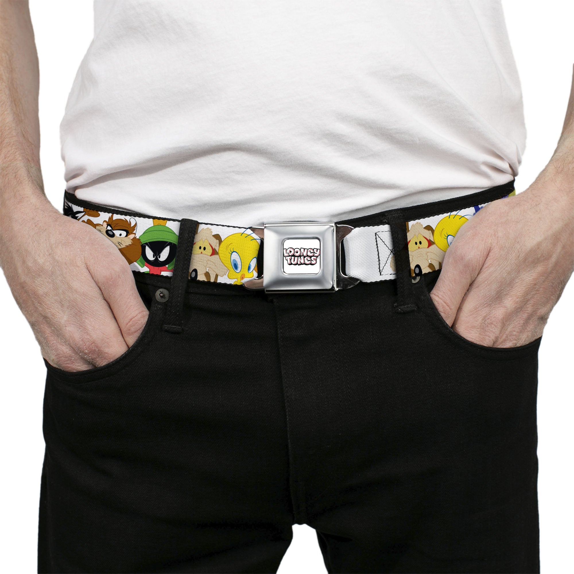 LOONEY TUNES Text Title Logo Full Color White Seatbelt Belt - Looney Tunes Nine Character Faces White Webbing Seatbelt Belts Looney Tunes