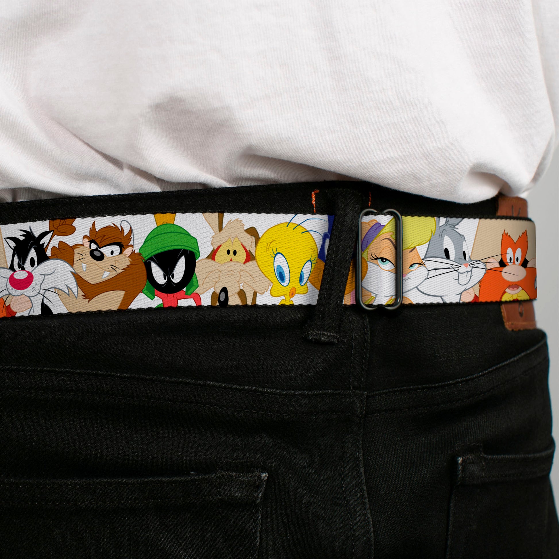 LOONEY TUNES Text Title Logo Full Color White Seatbelt Belt - Looney Tunes Nine Character Faces White Webbing Seatbelt Belts Looney Tunes