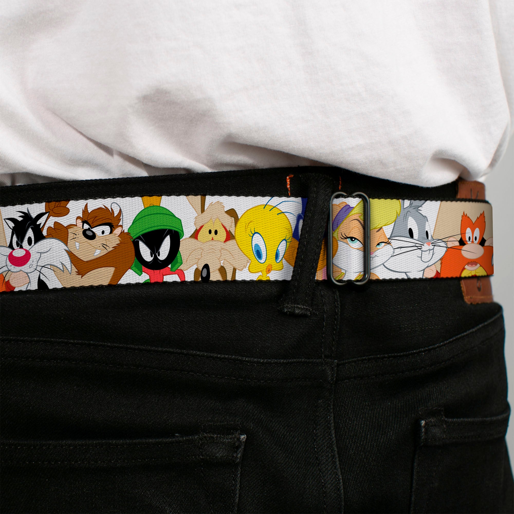 LOONEY TUNES Text Title Logo Full Color White Seatbelt Belt - Looney Tunes Nine Character Faces White Webbing Seatbelt Belts Looney Tunes