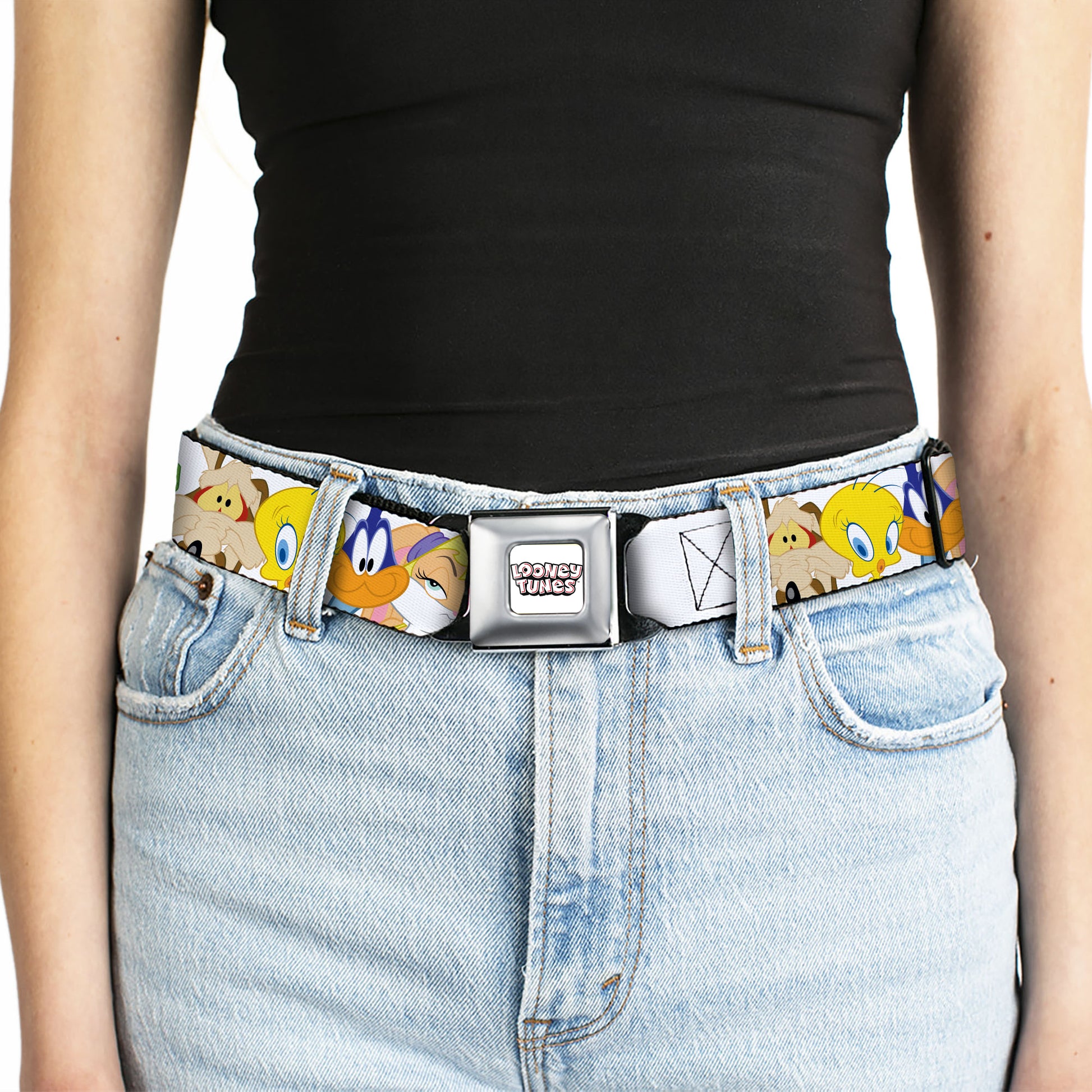 LOONEY TUNES Text Title Logo Full Color White Seatbelt Belt - Looney Tunes Nine Character Faces White Webbing Seatbelt Belts Looney Tunes