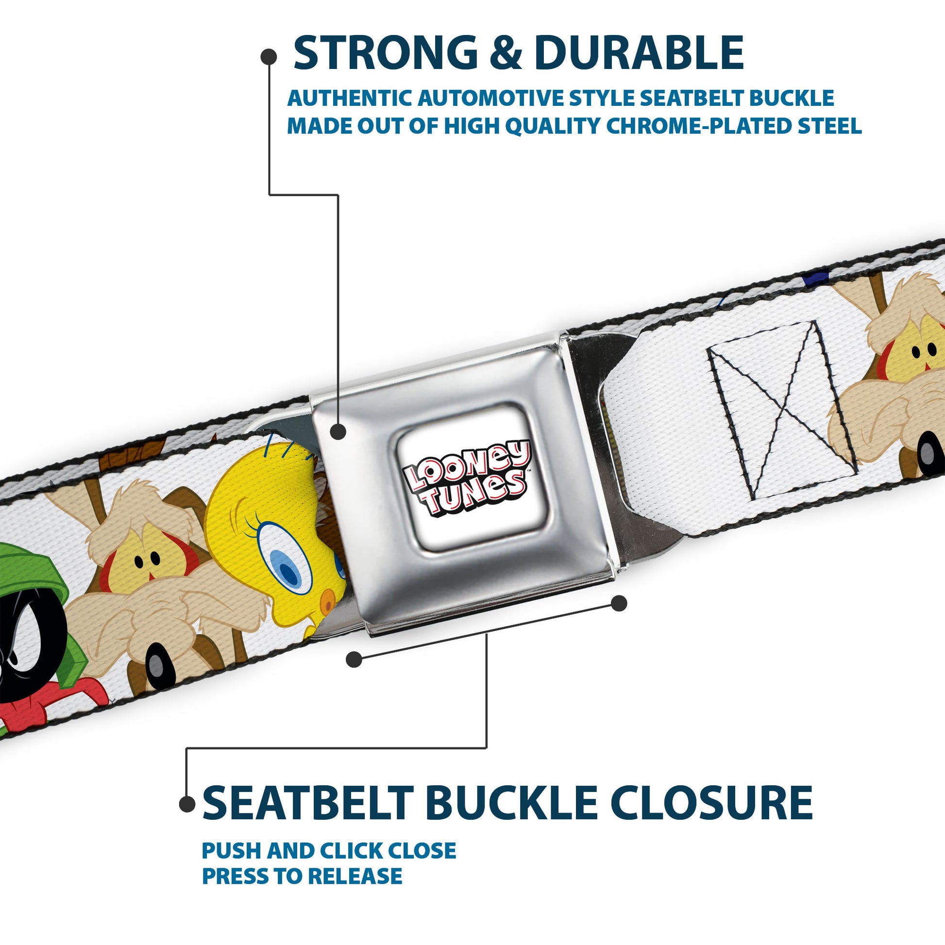 LOONEY TUNES Text Title Logo Full Color White Seatbelt Belt - Looney Tunes Nine Character Faces White Webbing Seatbelt Belts Looney Tunes