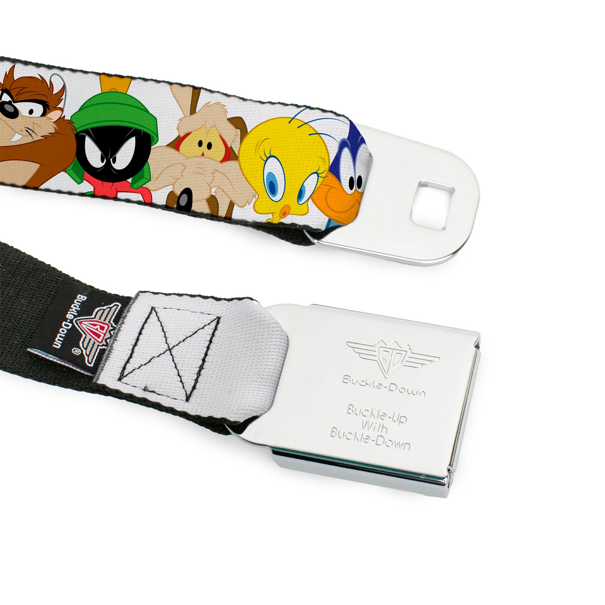 LOONEY TUNES Text Title Logo Full Color White Seatbelt Belt - Looney Tunes Nine Character Faces White Webbing Seatbelt Belts Looney Tunes