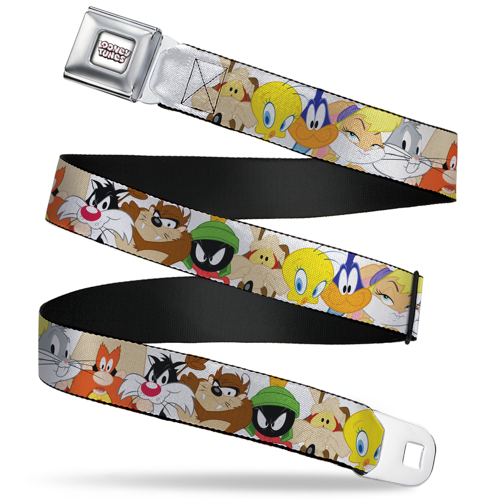 LOONEY TUNES Text Title Logo Full Color White Seatbelt Belt - Looney Tunes Nine Character Faces White Webbing Seatbelt Belts Looney Tunes