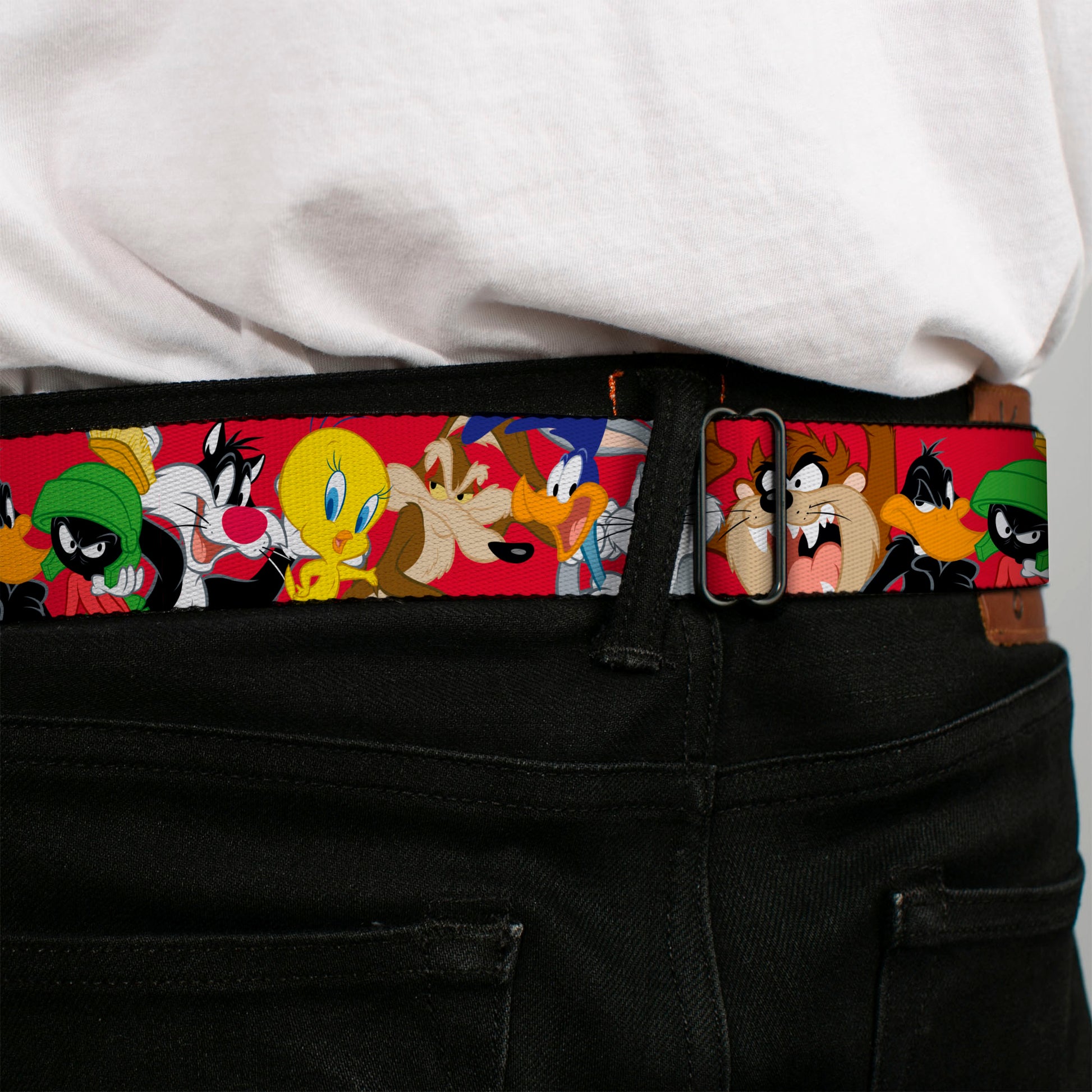 LOONEY TUNES Text Title Logo Full Color White Seatbelt Belt - Looney Tunes Eight Character Faces Red Webbing Seatbelt Belts Looney Tunes