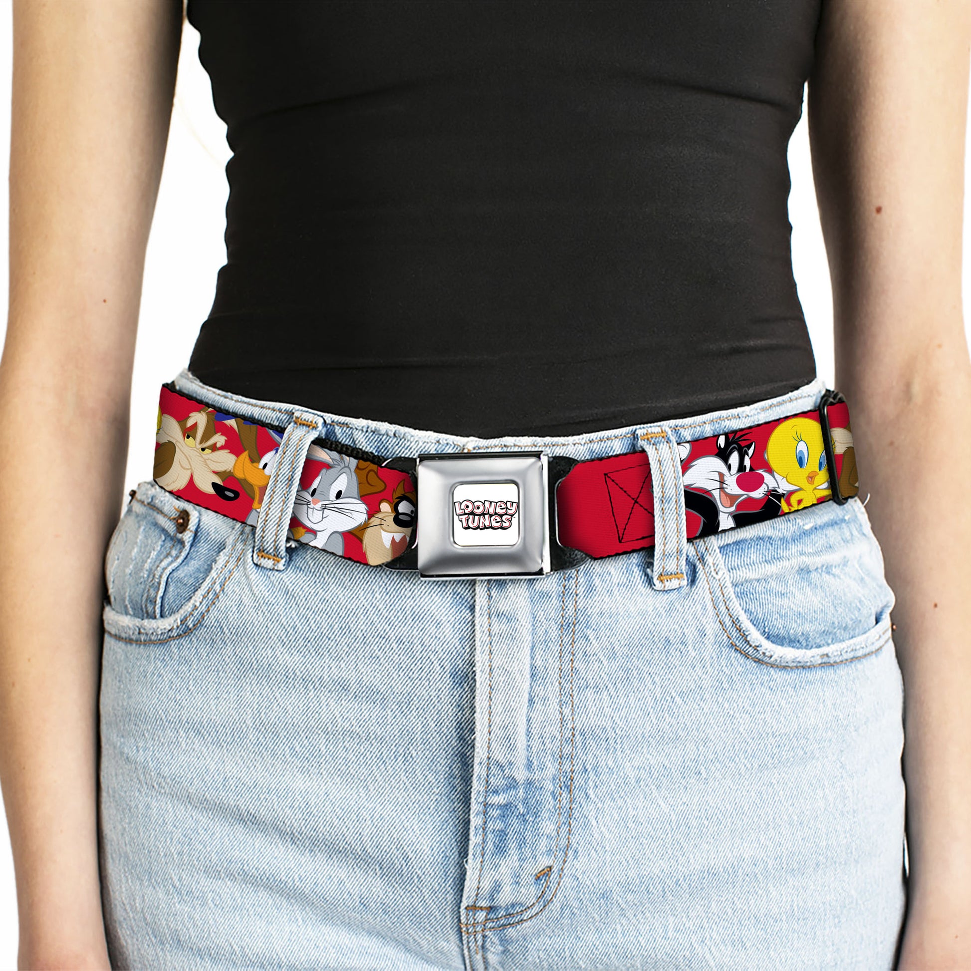 LOONEY TUNES Text Title Logo Full Color White Seatbelt Belt - Looney Tunes Eight Character Faces Red Webbing Seatbelt Belts Looney Tunes
