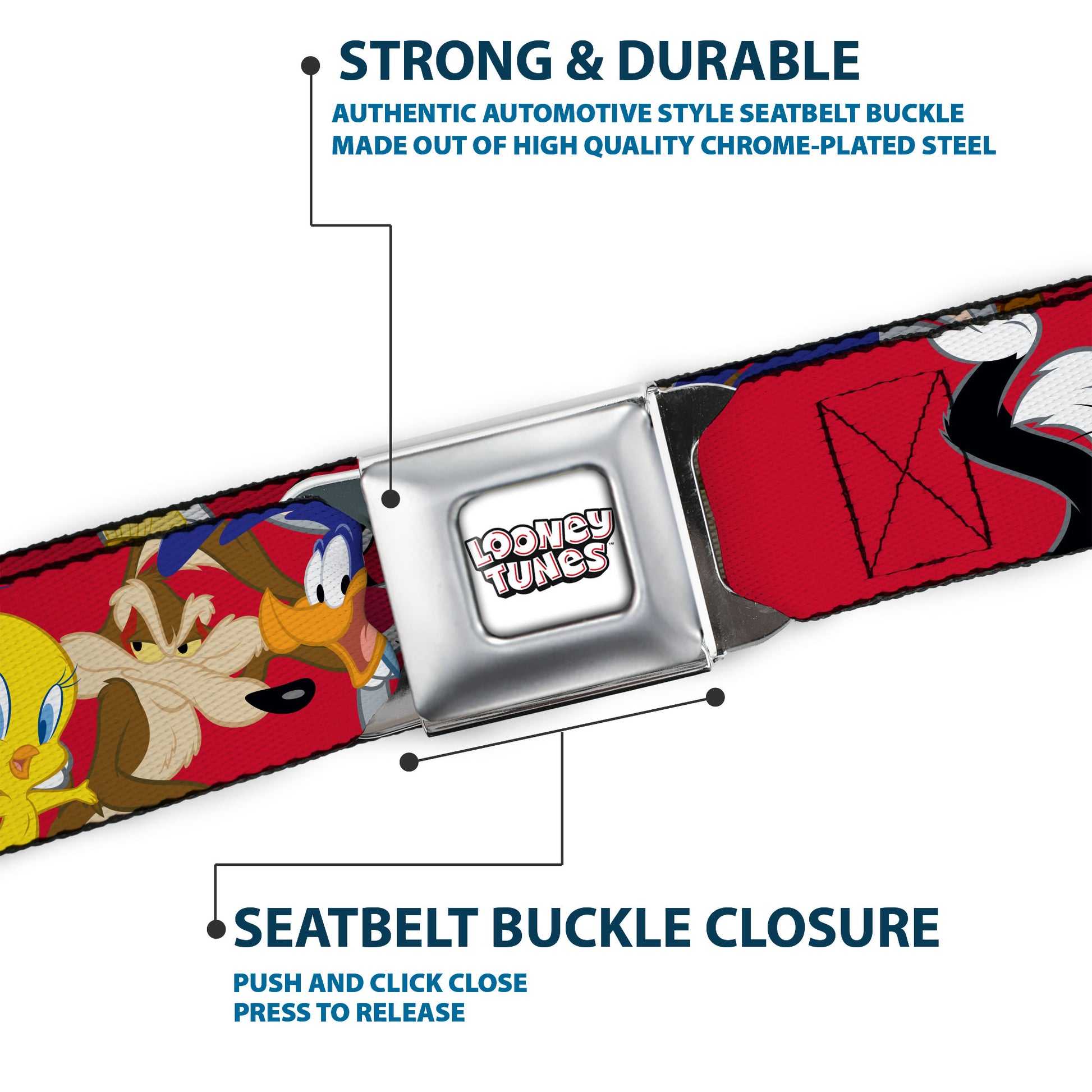 LOONEY TUNES Text Title Logo Full Color White Seatbelt Belt - Looney Tunes Eight Character Faces Red Webbing Seatbelt Belts Looney Tunes