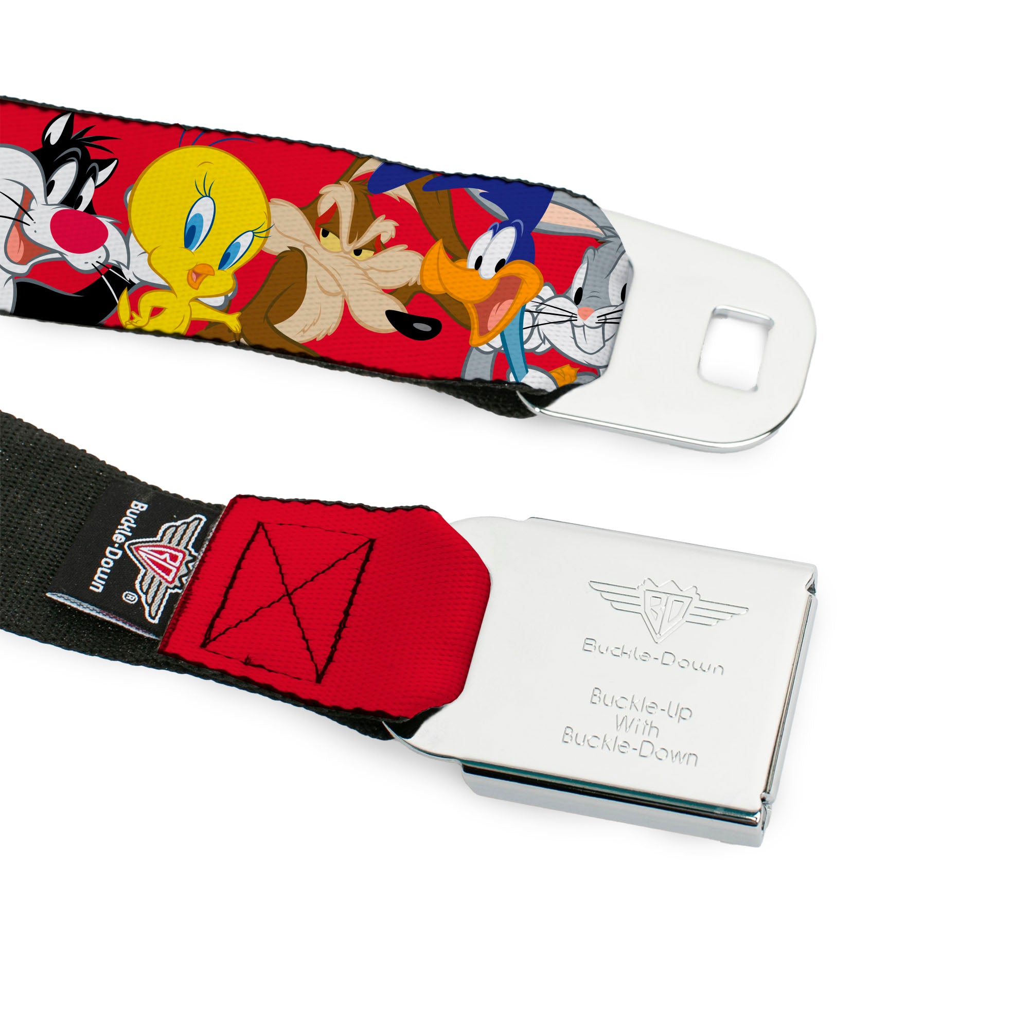 LOONEY TUNES Text Title Logo Full Color White Seatbelt Belt - Looney Tunes Eight Character Faces Red Webbing Seatbelt Belts Looney Tunes