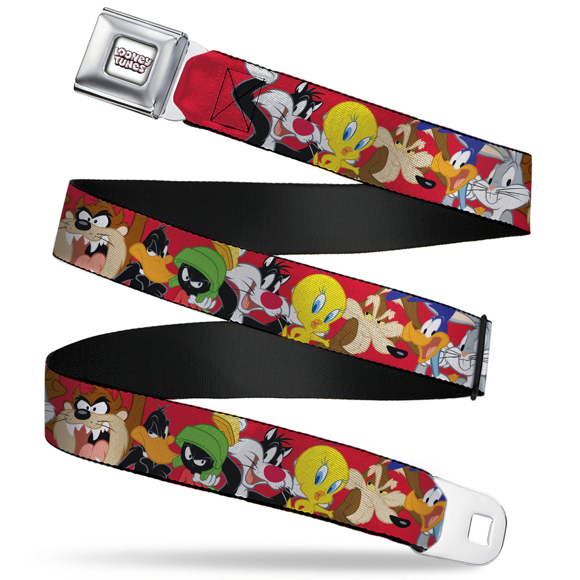 LOONEY TUNES Text Title Logo Full Color White Seatbelt Belt - Looney Tunes Eight Character Faces Red Webbing Seatbelt Belts Looney Tunes
