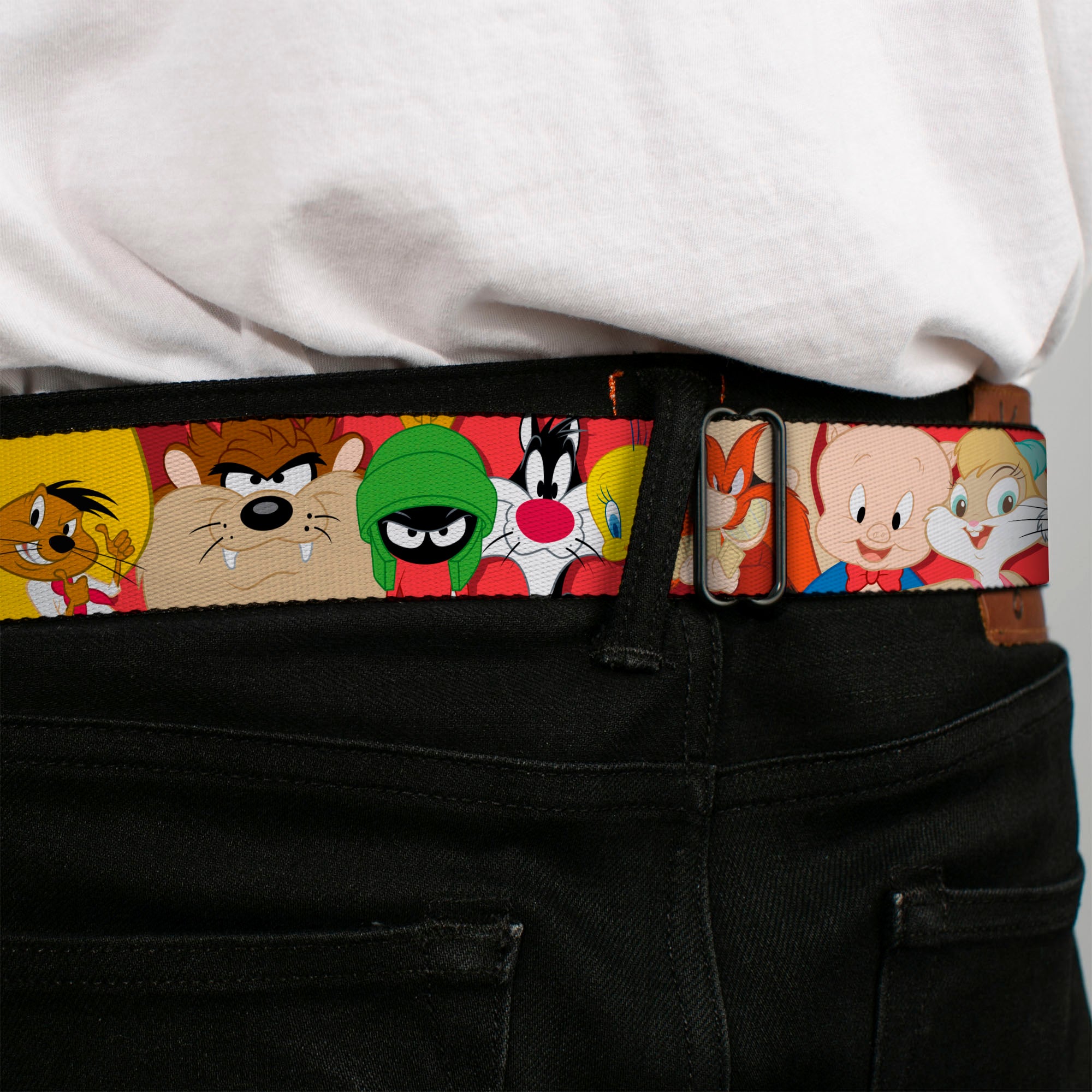 LOONEY TUNES Text Title Logo Full Color White Seatbelt Belt - Looney Tunes Twelve Character Expressions Red Webbing Seatbelt Belts Looney Tunes