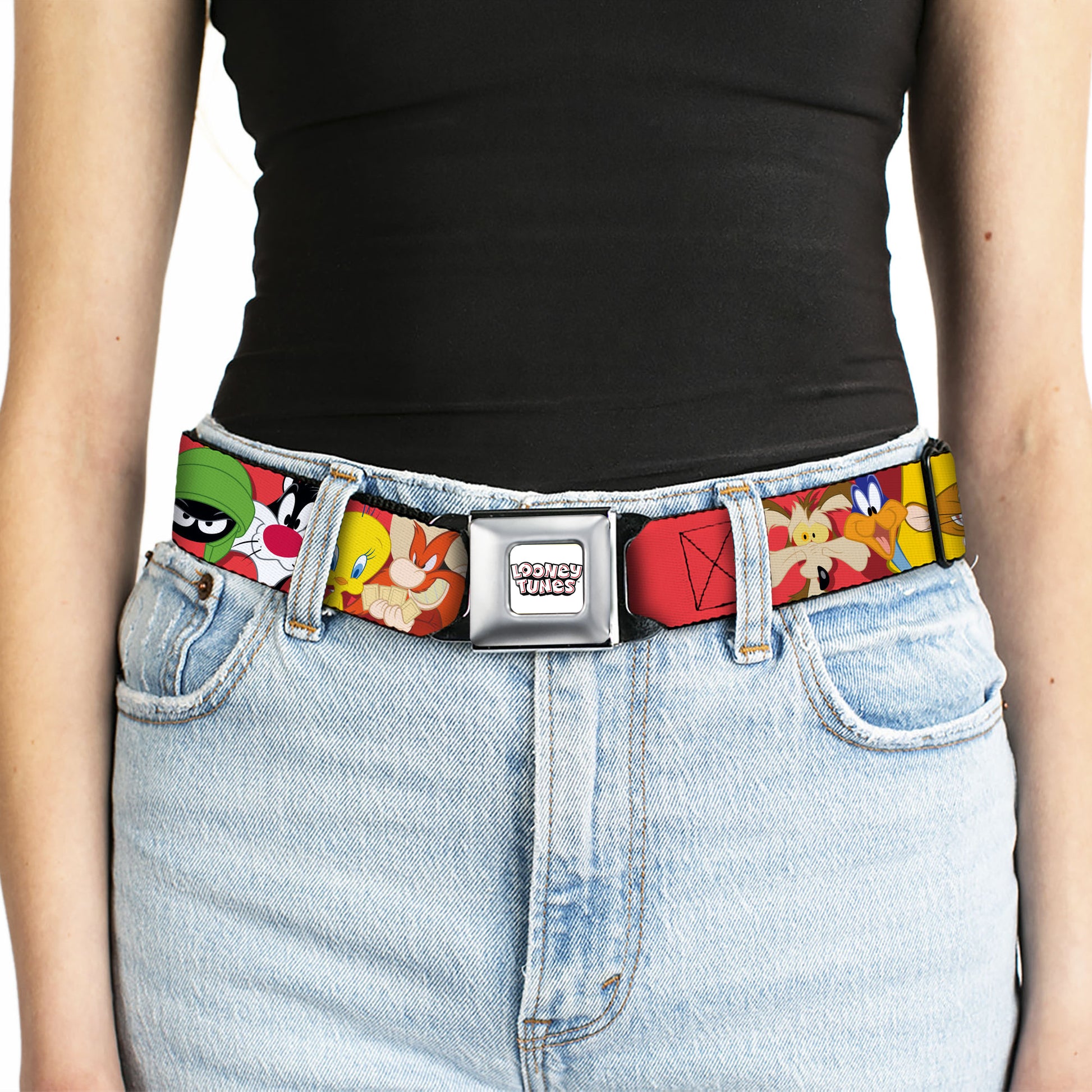 LOONEY TUNES Text Title Logo Full Color White Seatbelt Belt - Looney Tunes Twelve Character Expressions Red Webbing Seatbelt Belts Looney Tunes