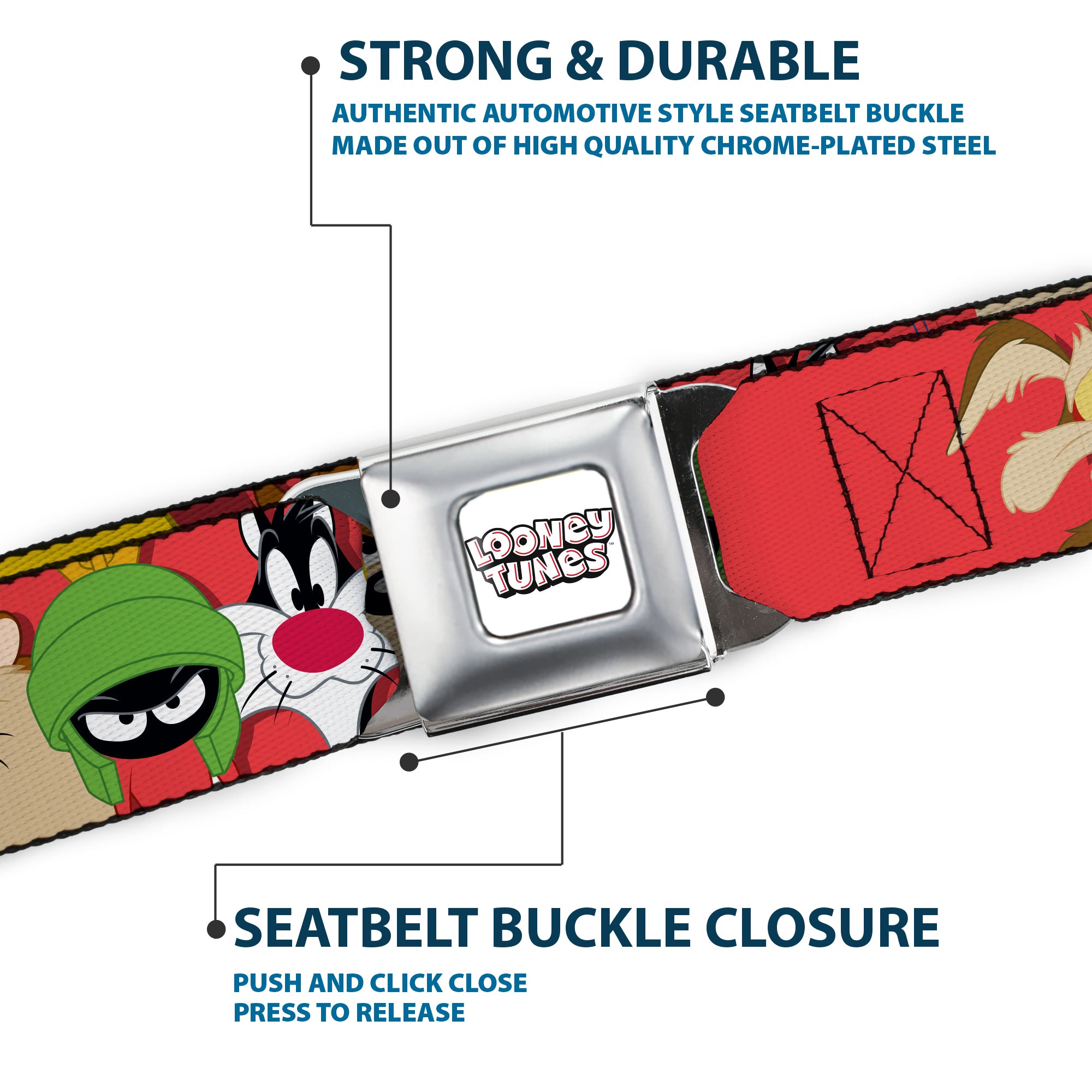 LOONEY TUNES Text Title Logo Full Color White Seatbelt Belt - Looney Tunes Twelve Character Expressions Red Webbing Seatbelt Belts Looney Tunes