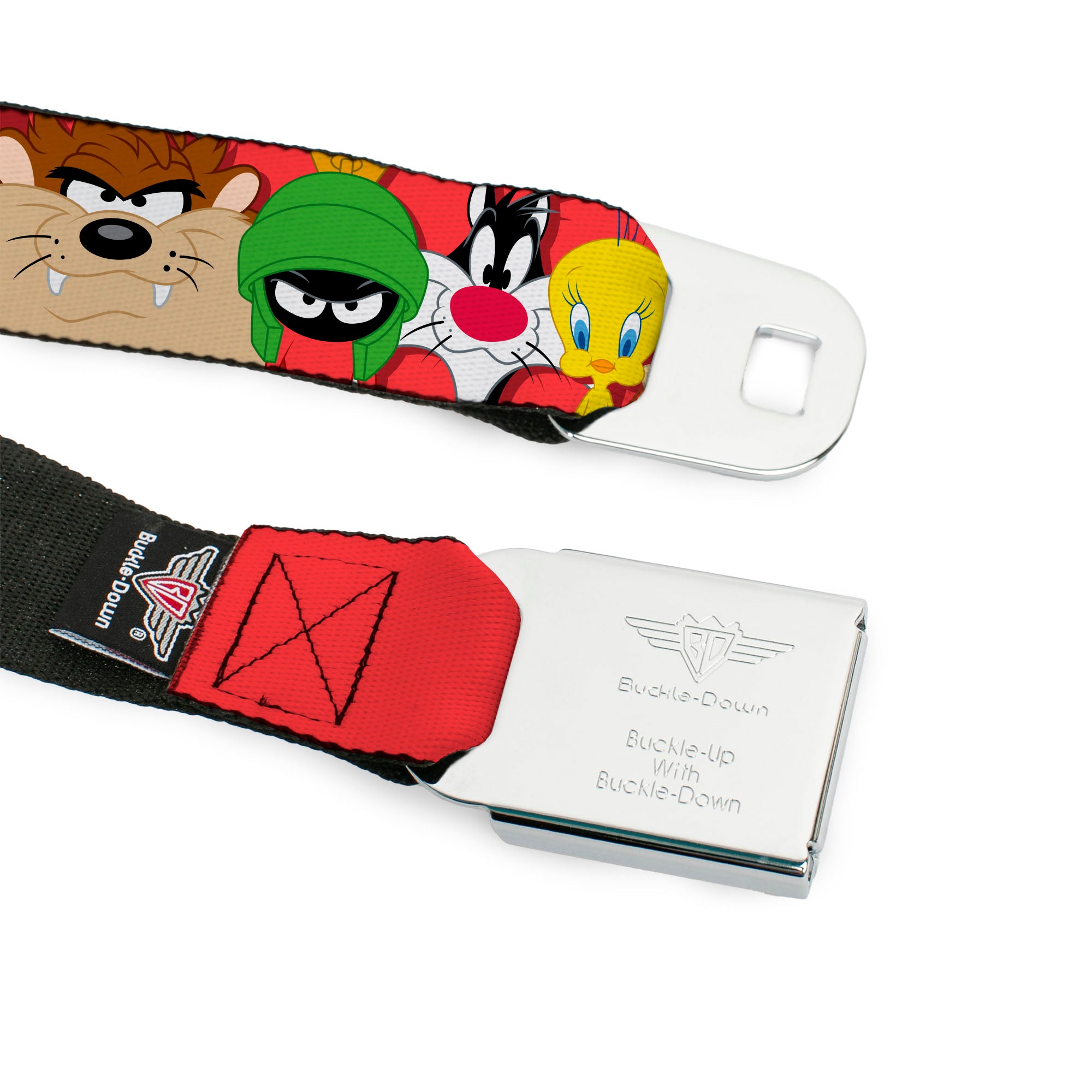 LOONEY TUNES Text Title Logo Full Color White Seatbelt Belt - Looney Tunes Twelve Character Expressions Red Webbing Seatbelt Belts Looney Tunes