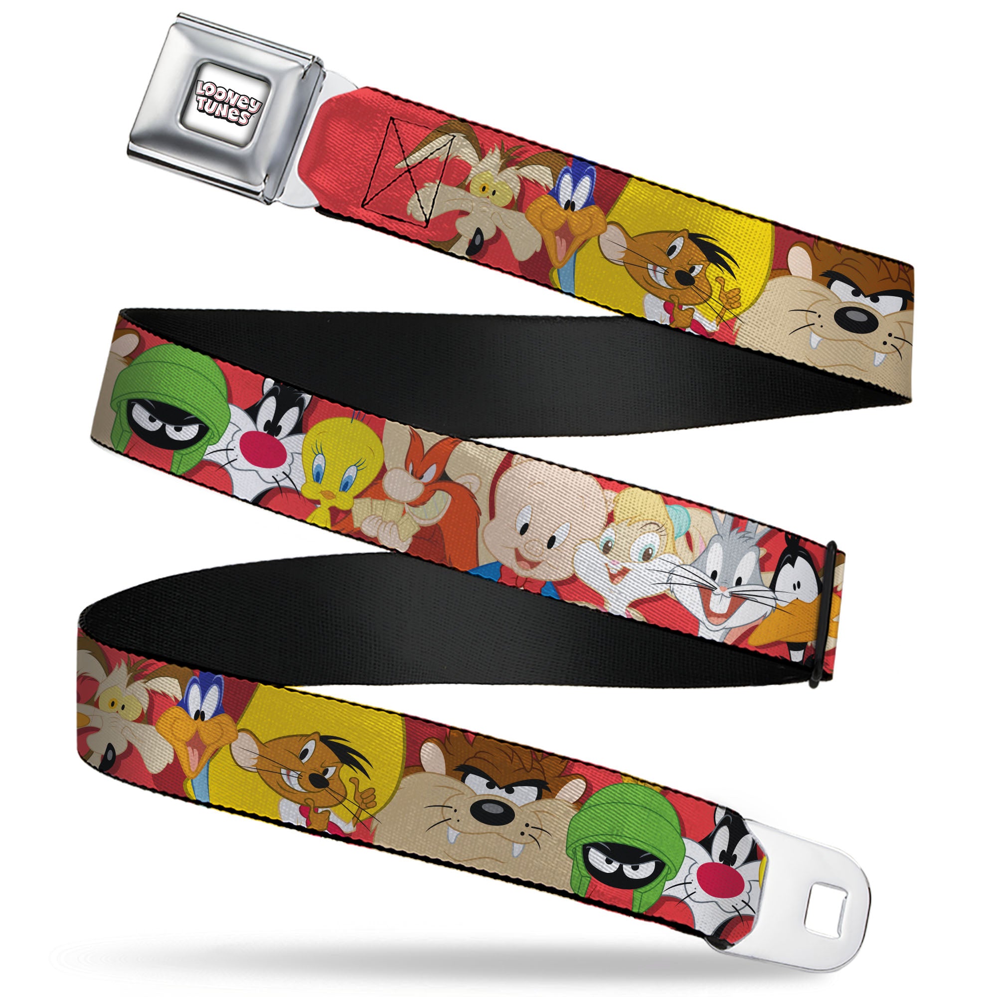 LOONEY TUNES Text Title Logo Full Color White Seatbelt Belt - Looney Tunes Twelve Character Expressions Red Webbing Seatbelt Belts Looney Tunes