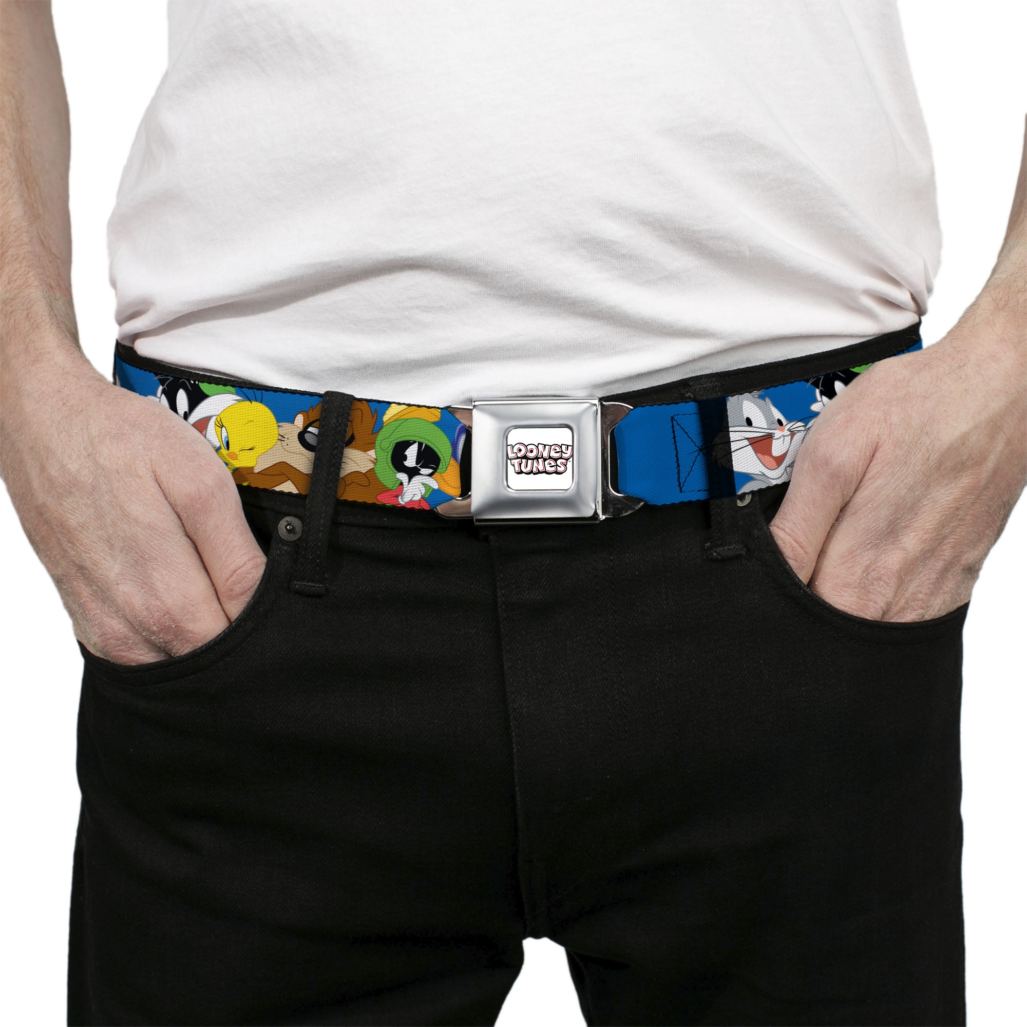 LOONEY TUNES Text Title Logo Full Color White Seatbelt Belt - Looney Tunes Seven Character Faces Stacked Blue Webbing Seatbelt Belts Looney Tunes