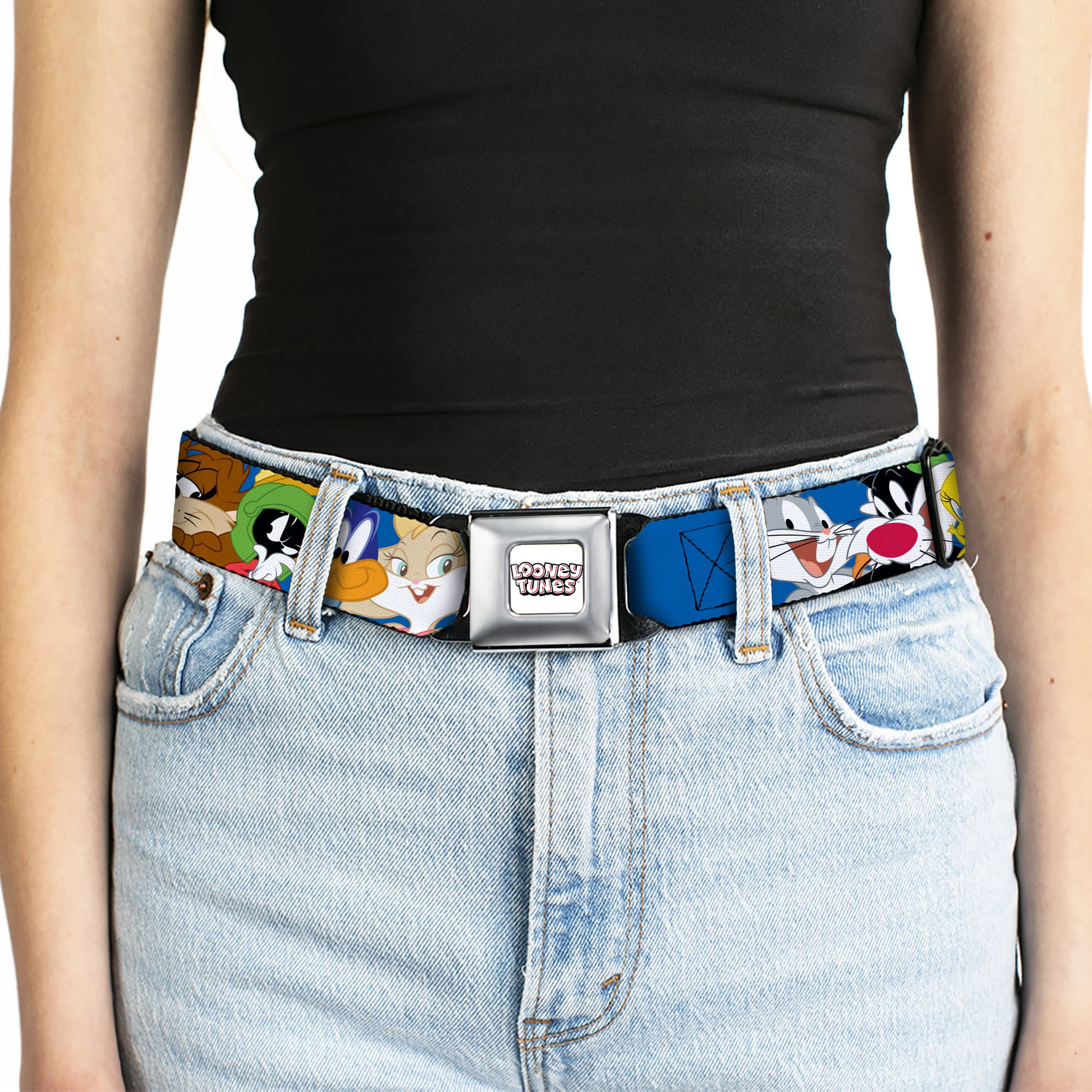 LOONEY TUNES Text Title Logo Full Color White Seatbelt Belt - Looney Tunes Seven Character Faces Stacked Blue Webbing Seatbelt Belts Looney Tunes