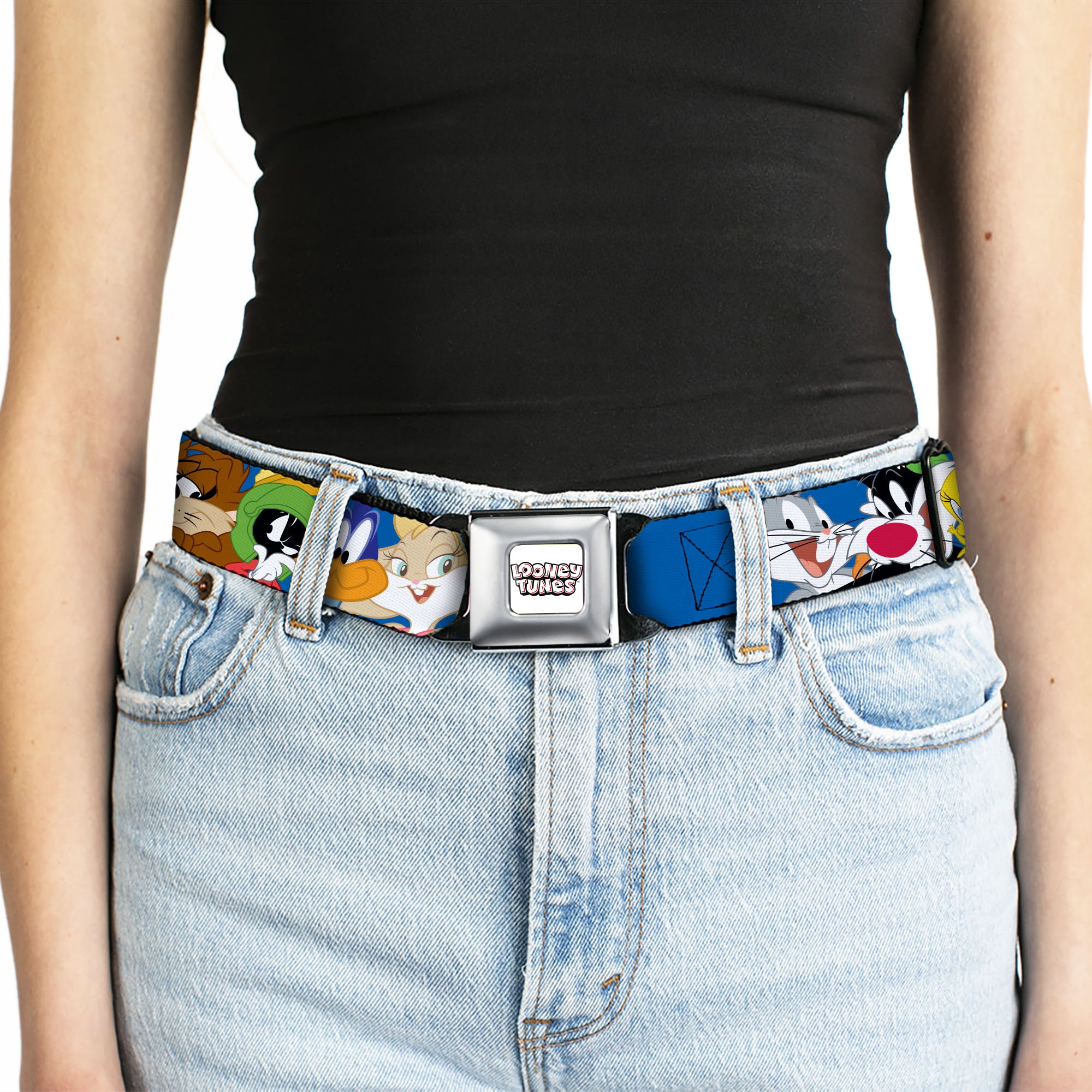 LOONEY TUNES Text Title Logo Full Color White Seatbelt Belt - Looney Tunes Seven Character Faces Stacked Blue Webbing Seatbelt Belts Looney Tunes