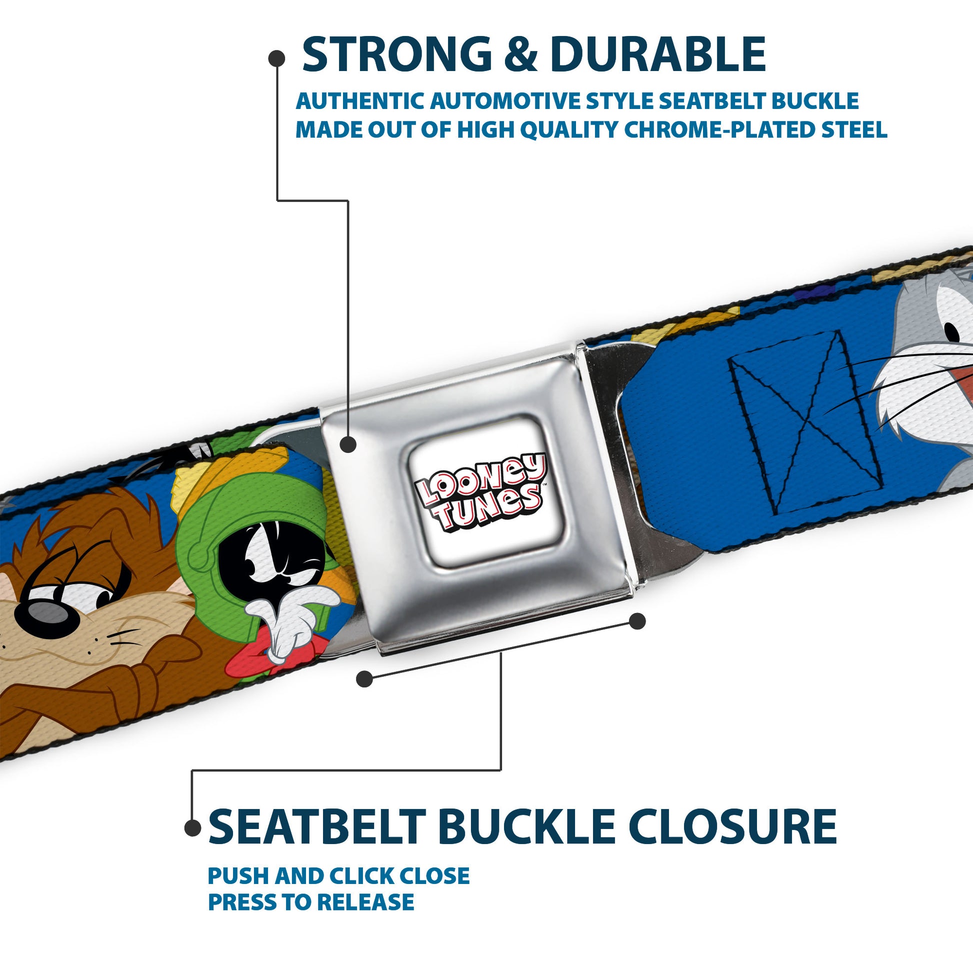 LOONEY TUNES Text Title Logo Full Color White Seatbelt Belt - Looney Tunes Seven Character Faces Stacked Blue Webbing Seatbelt Belts Looney Tunes