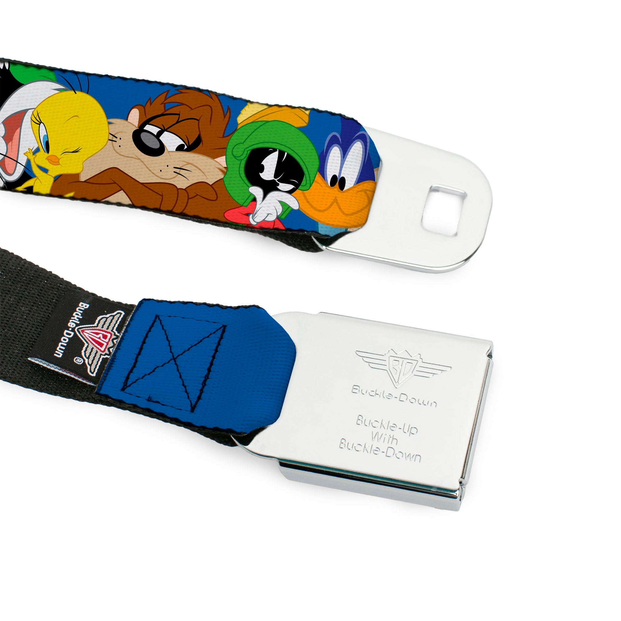 LOONEY TUNES Text Title Logo Full Color White Seatbelt Belt - Looney Tunes Seven Character Faces Stacked Blue Webbing Seatbelt Belts Looney Tunes