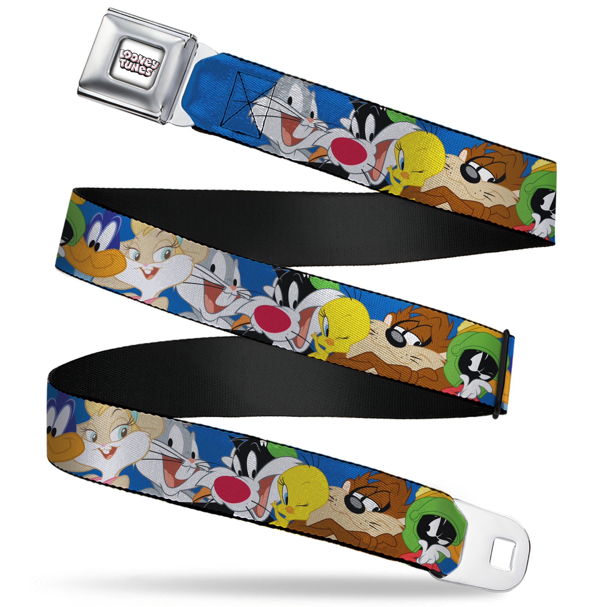 LOONEY TUNES Text Title Logo Full Color White Seatbelt Belt - Looney Tunes Seven Character Faces Stacked Blue Webbing Seatbelt Belts Looney Tunes