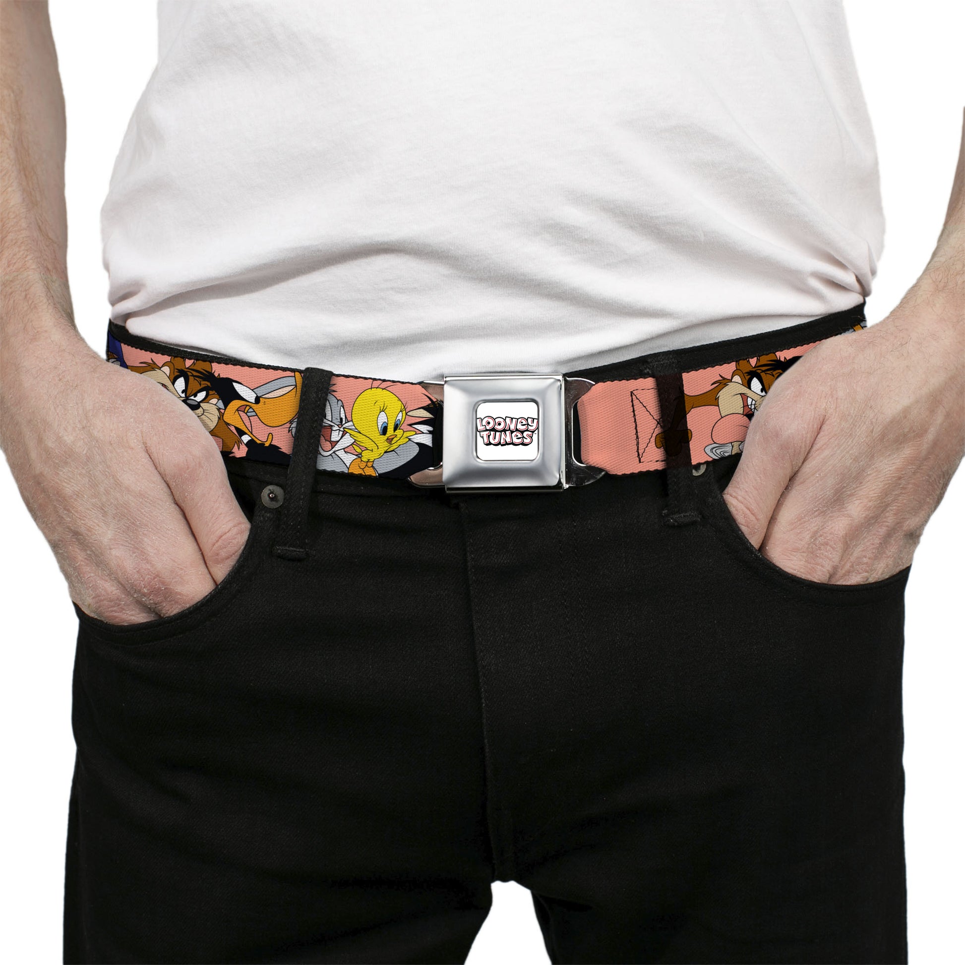 LOONEY TUNES Text Title Logo Full Color White Seatbelt Belt - Looney Tunes Seven Character Poses Stacked Peach Webbing Seatbelt Belts Looney Tunes