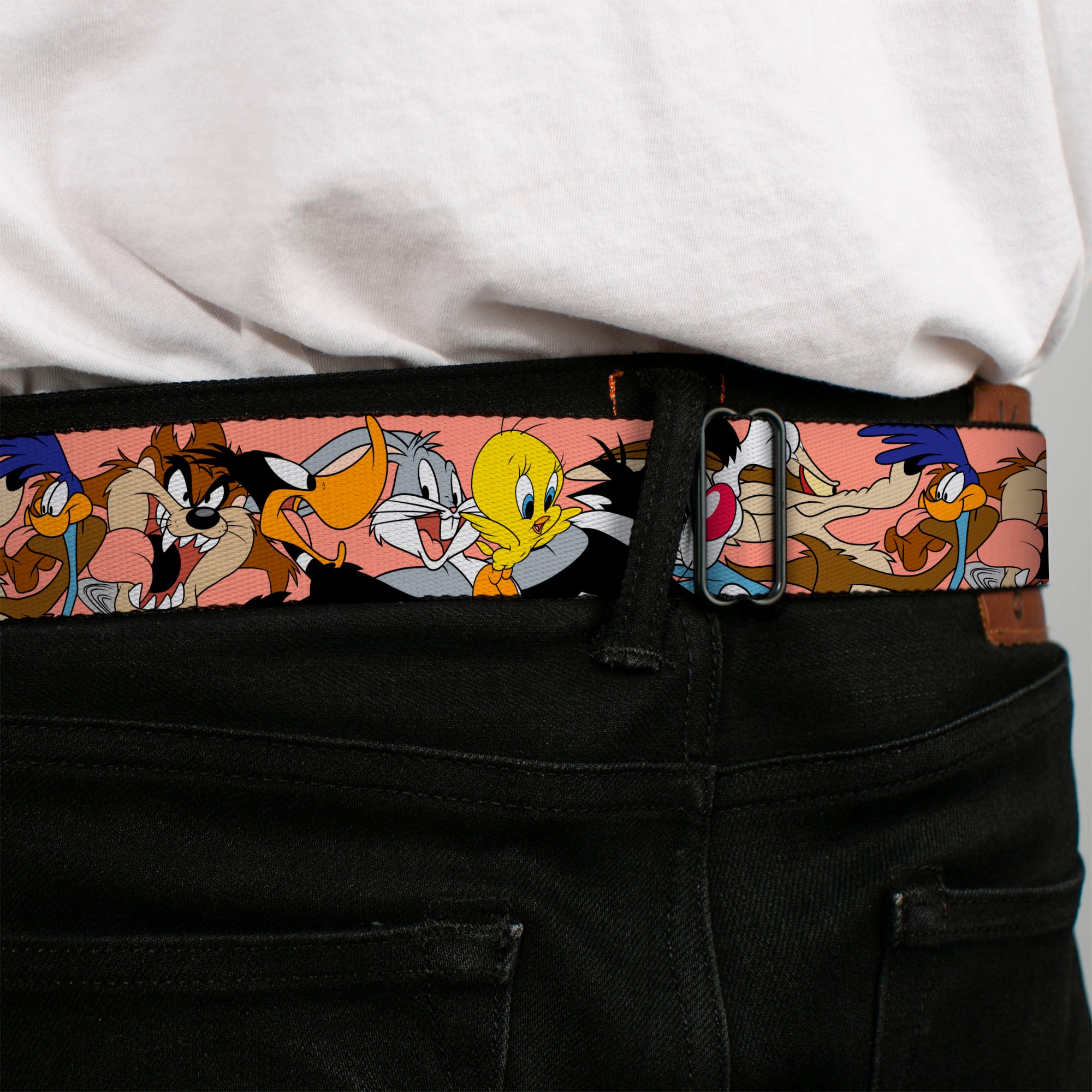 LOONEY TUNES Text Title Logo Full Color White Seatbelt Belt - Looney Tunes Seven Character Poses Stacked Peach Webbing Seatbelt Belts Looney Tunes
