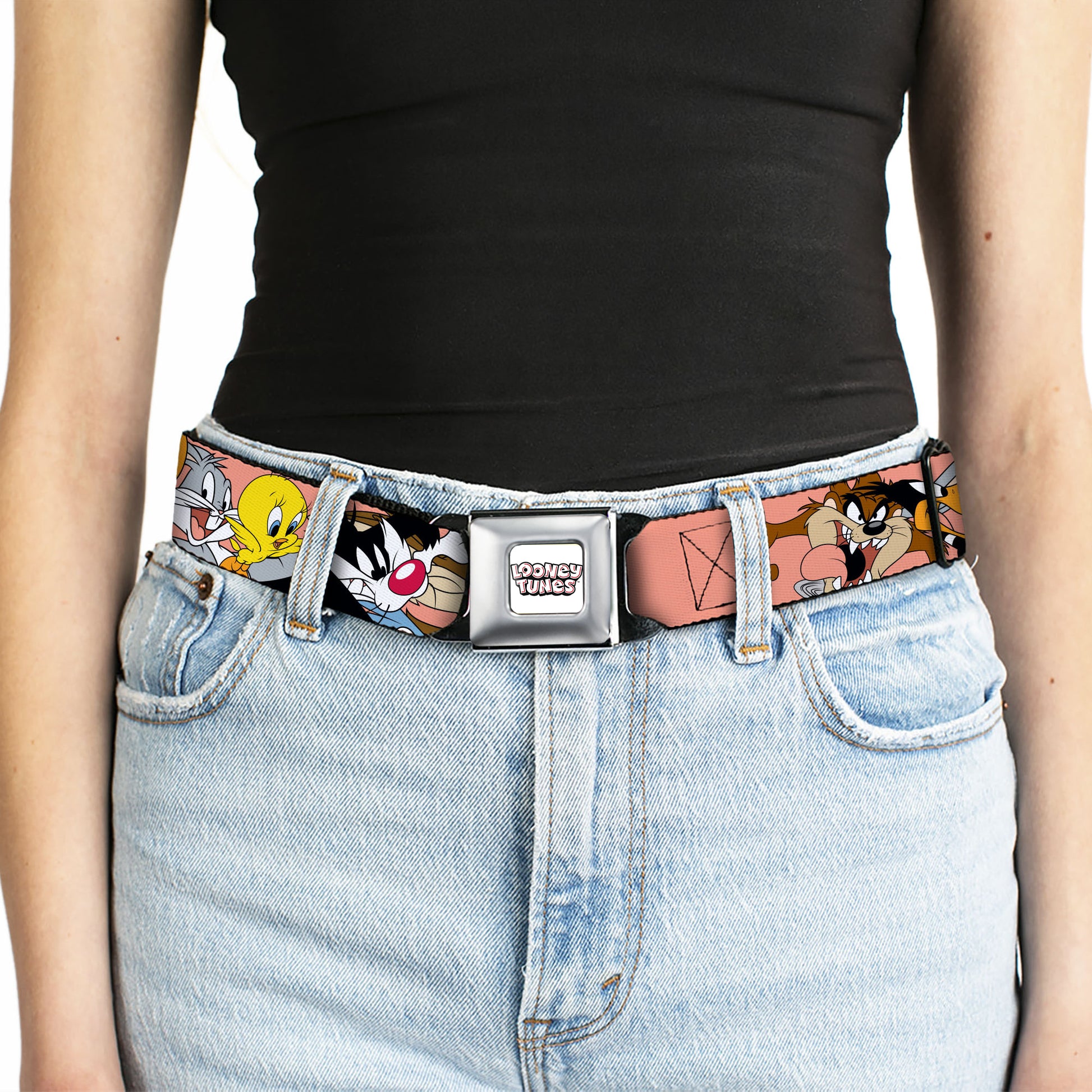 LOONEY TUNES Text Title Logo Full Color White Seatbelt Belt - Looney Tunes Seven Character Poses Stacked Peach Webbing Seatbelt Belts Looney Tunes